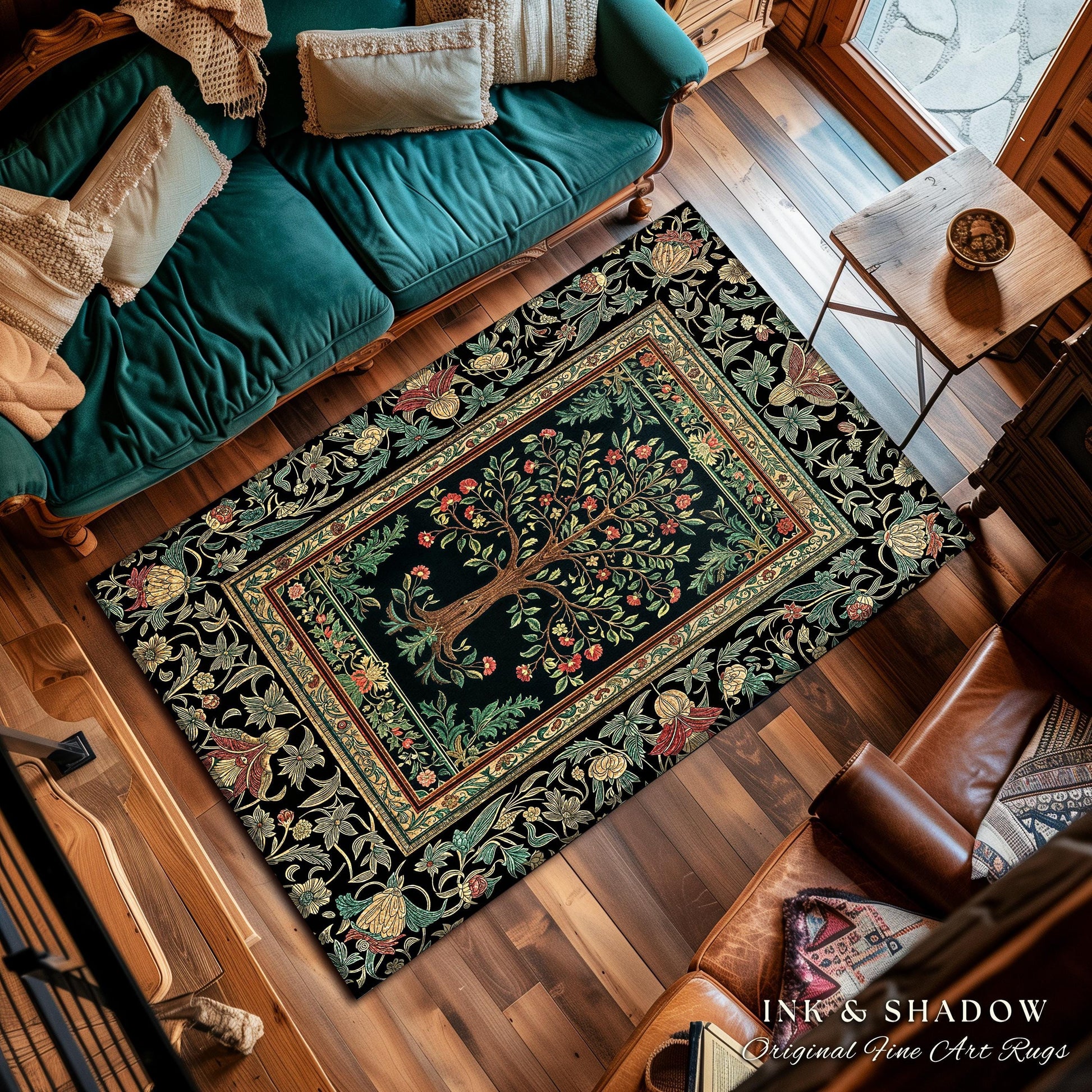 Medieval Folk Art Dark Floral Rug | Ornate Tree of Life Morris Style Fairytale Folklore Cottagecore Botanical Bedroom Decor Jewel Tones |