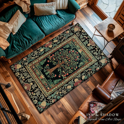 Medieval Folk Art Dark Floral Rug | Ornate Tree of Life Morris Style Fairytale Folklore Cottagecore Botanical Bedroom Decor Jewel Tones |