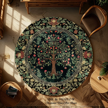 Medieval Folk Art Dark Floral Rug | Ornate Tree of Life Morris Style Fairytale Folklore Cottagecore Botanical Bedroom Decor Jewel Tones |
