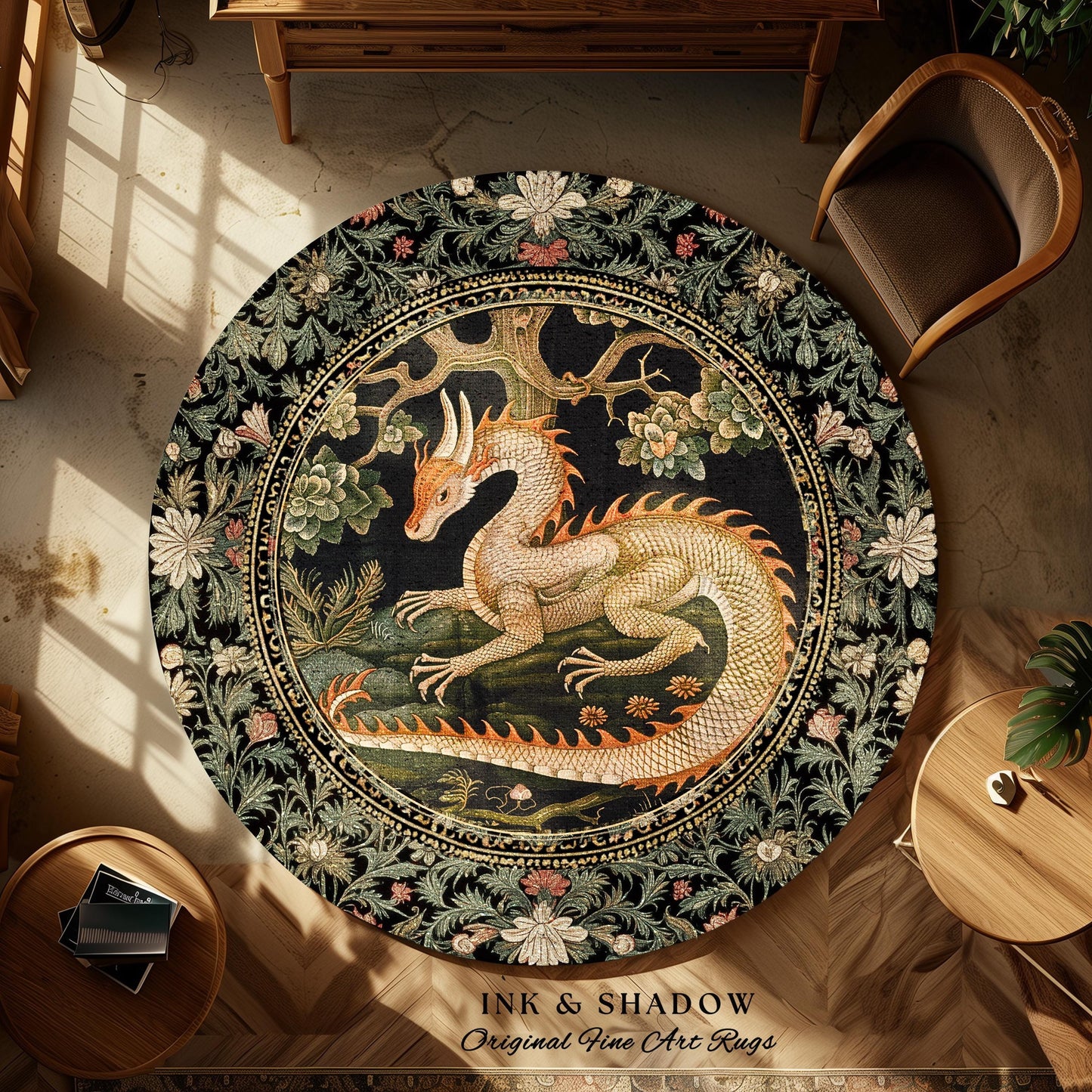 Enchanted Woods Round Dragon Rug | Medieval Aesthetic Fairytale Nursery Decor Morris Style Cottagecore Fairycore Bedroom Mystical Woodland