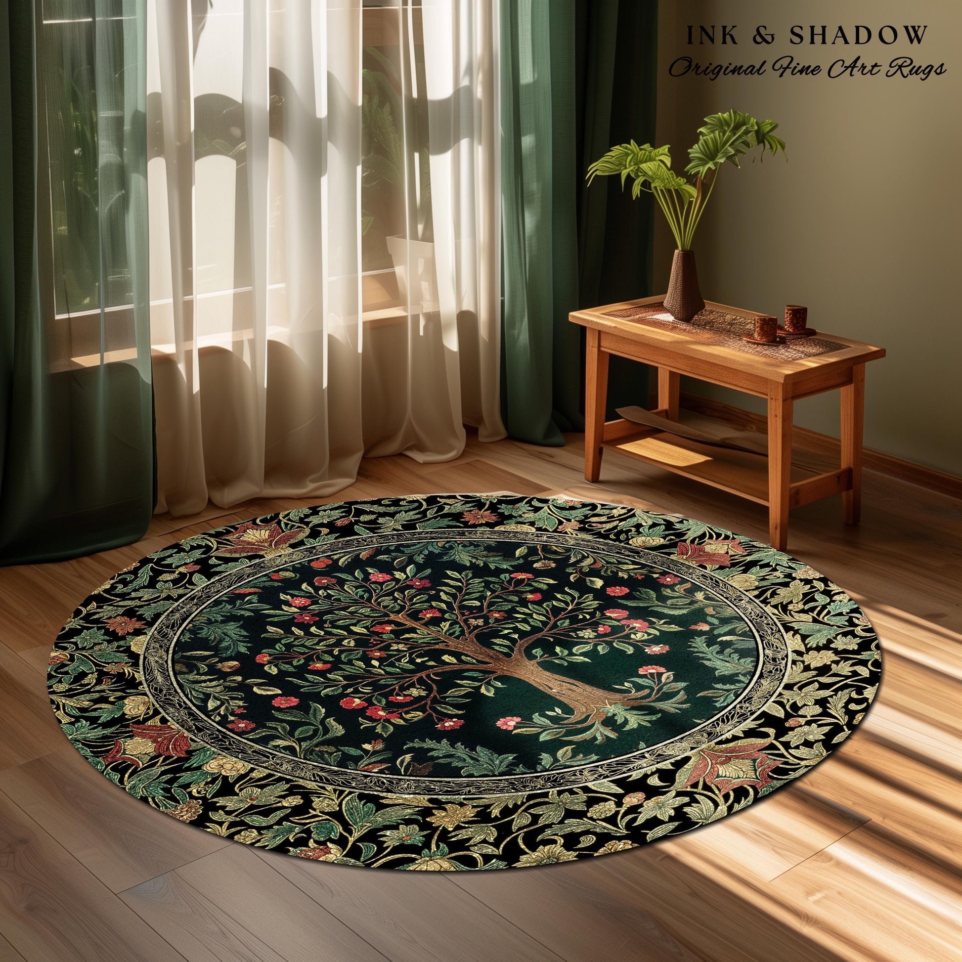 Medieval Folk Art Dark Floral Rug | Ornate Tree of Life Morris Style Fairytale Folklore Cottagecore Botanical Bedroom Decor Jewel Tones |
