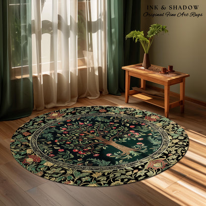 Medieval Folk Art Dark Floral Rug | Ornate Tree of Life Morris Style Fairytale Folklore Cottagecore Botanical Bedroom Decor Jewel Tones |
