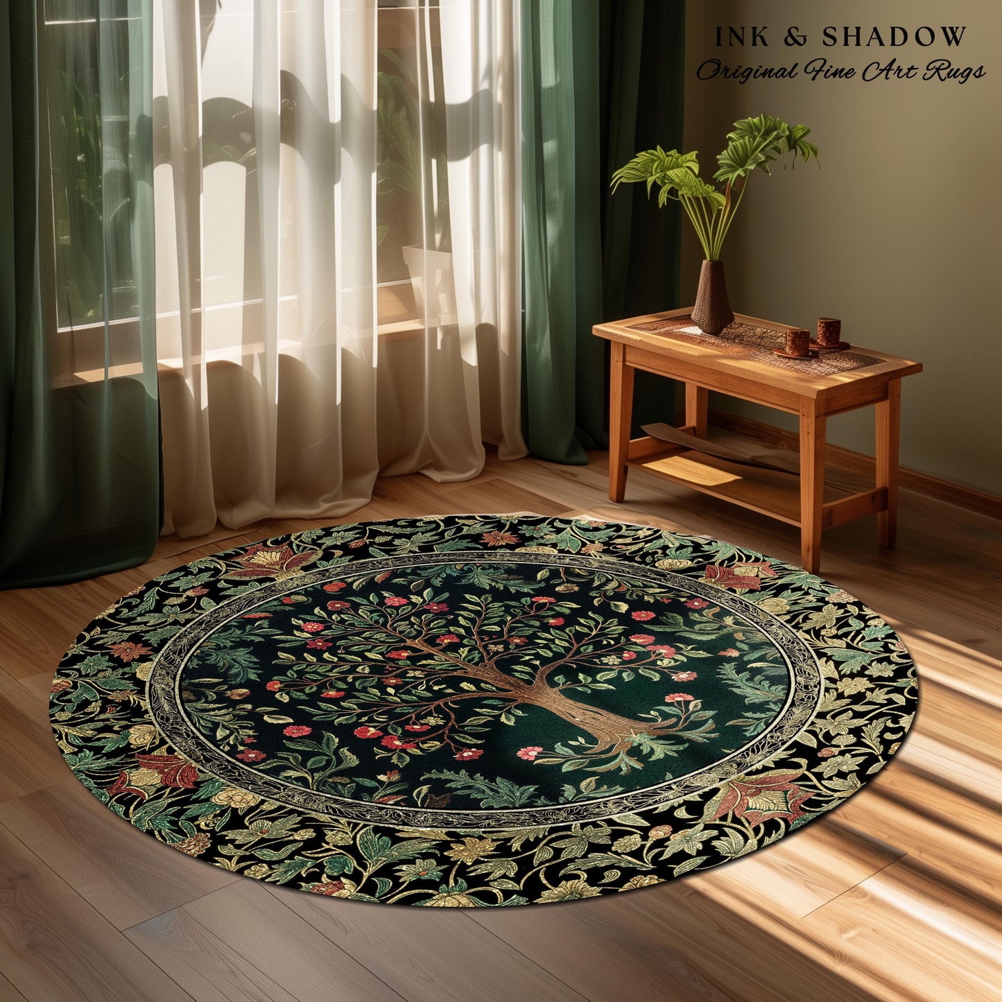 Medieval Folk Art Dark Floral Rug | Ornate Tree of Life Morris Style Fairytale Folklore Cottagecore Botanical Bedroom Decor Jewel Tones |