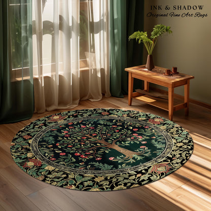 Medieval Folk Art Dark Floral Rug | Ornate Tree of Life Morris Style Fairytale Folklore Cottagecore Botanical Bedroom Decor Jewel Tones |
