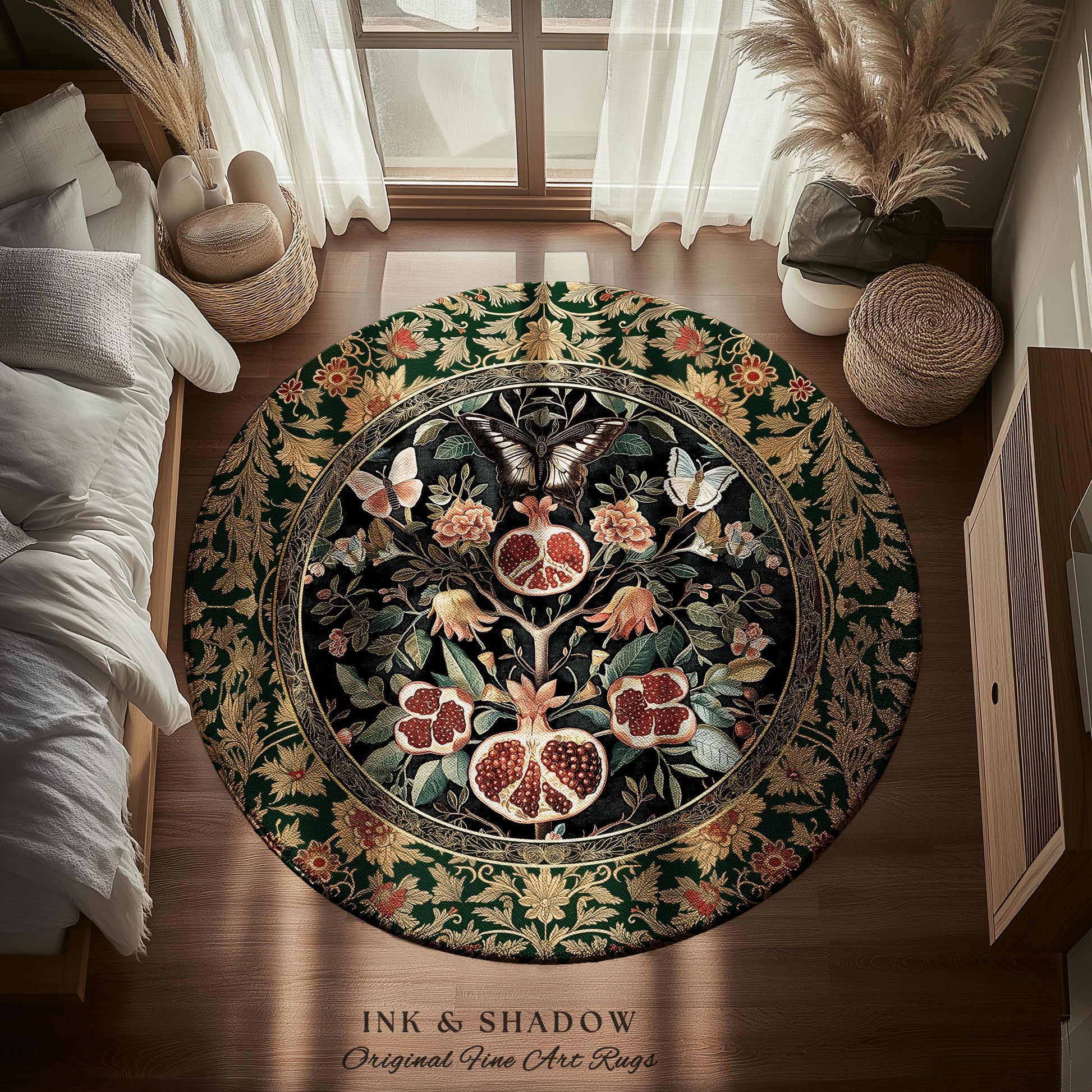 Victorian Gothic Floral Pomegranate Rug Dark Botanical Vintage Aesthetic Decor | Enchanted Forest Butterfly Moth Woodland Wildflower Art