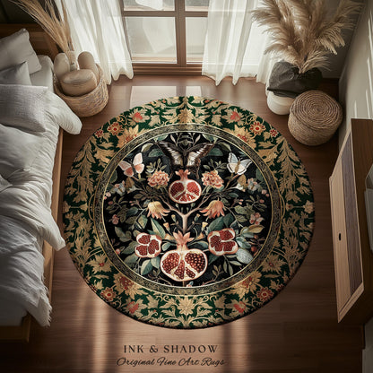 Victorian Gothic Floral Pomegranate Rug Dark Botanical Vintage Aesthetic Decor | Enchanted Forest Butterfly Moth Woodland Wildflower Art