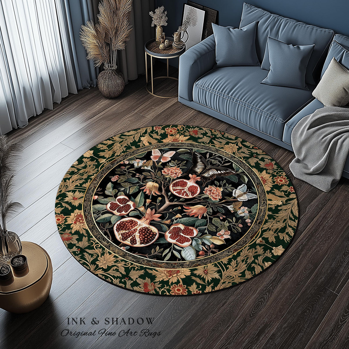 Victorian Gothic Floral Pomegranate Rug Dark Botanical Vintage Aesthetic Decor | Enchanted Forest Butterfly Moth Woodland Wildflower Art