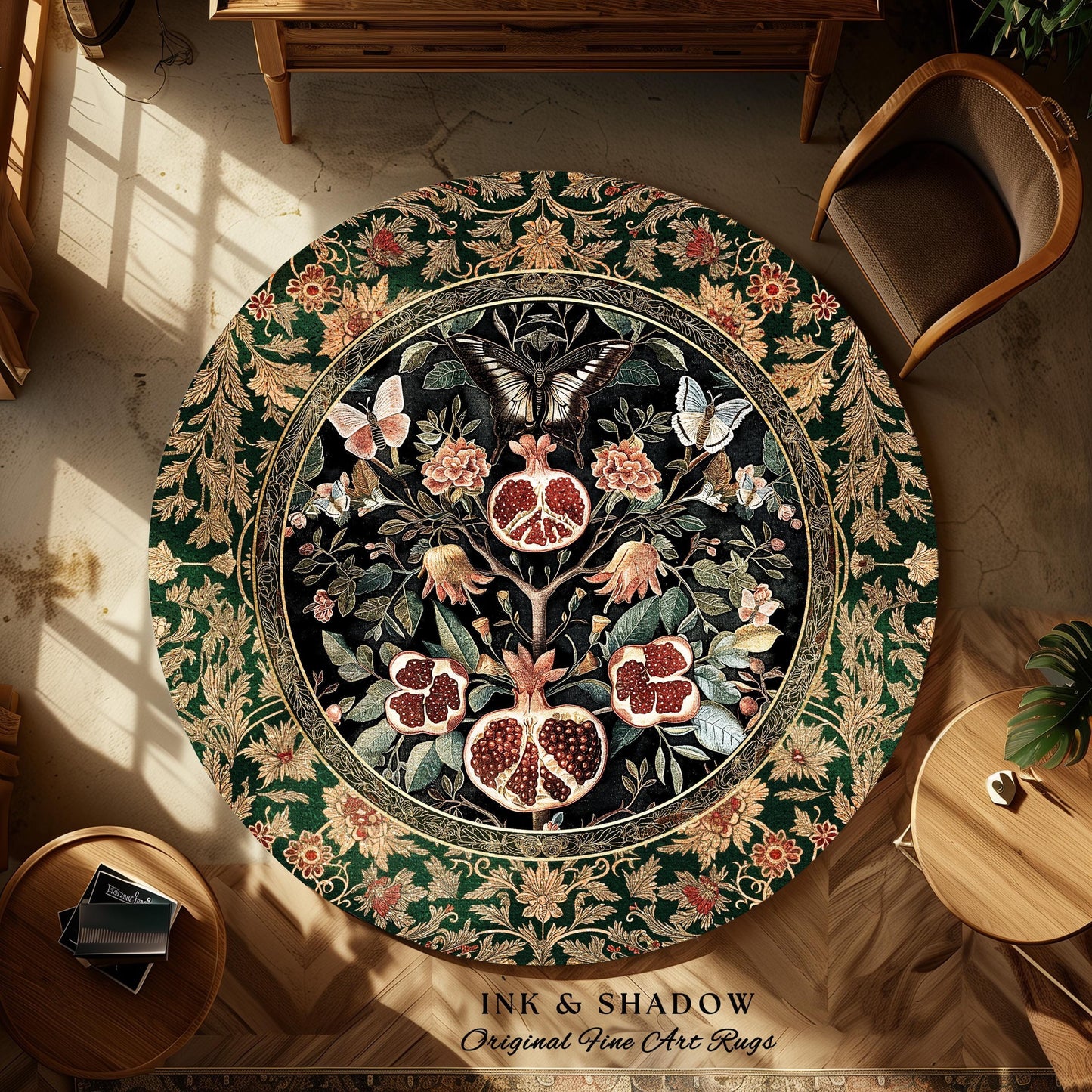Victorian Gothic Floral Pomegranate Rug Dark Botanical Vintage Aesthetic Decor | Enchanted Forest Butterfly Moth Woodland Wildflower Art