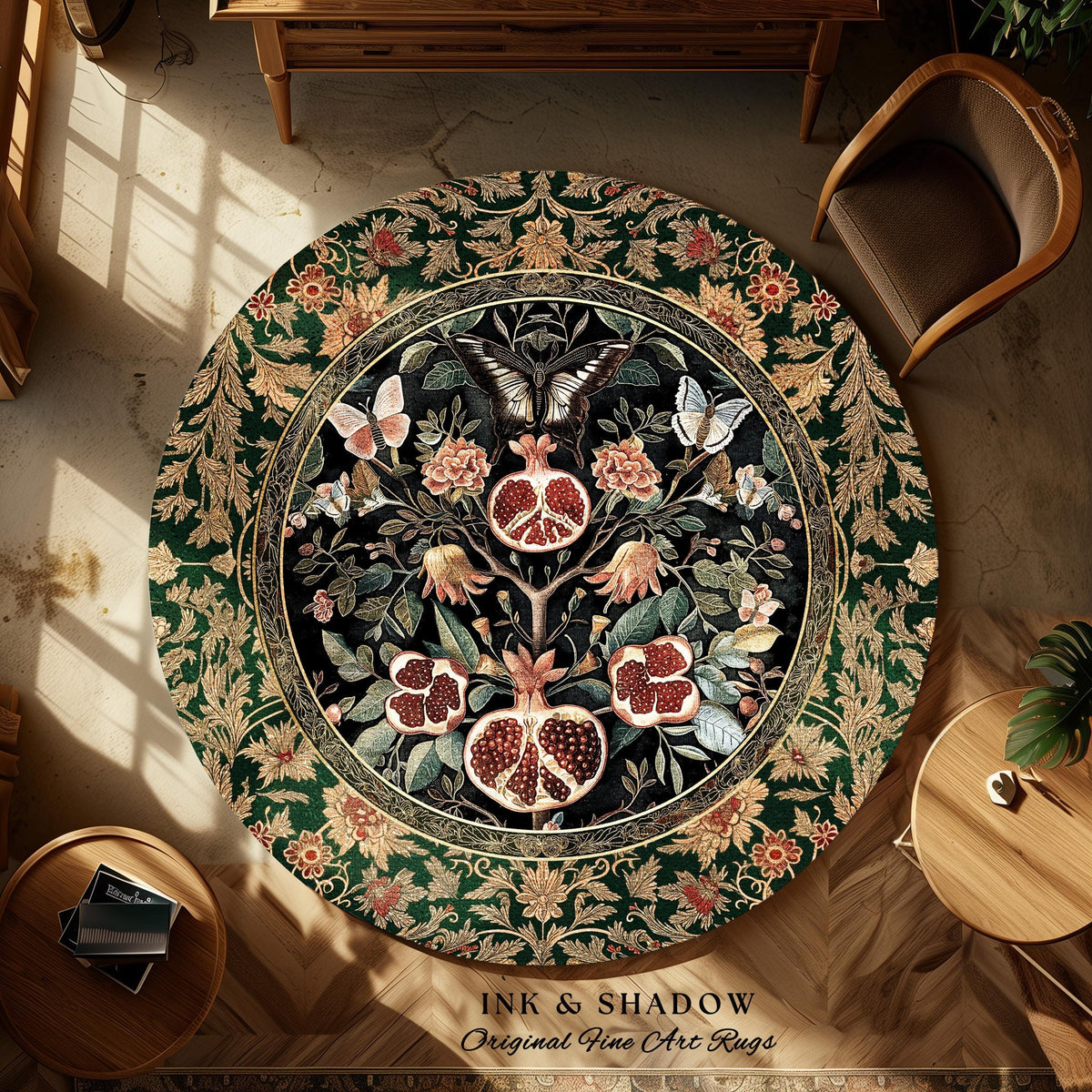 Victorian Gothic Floral Pomegranate Rug Dark Botanical Vintage Aesthetic Decor | Enchanted Forest Butterfly Moth Woodland Wildflower Art