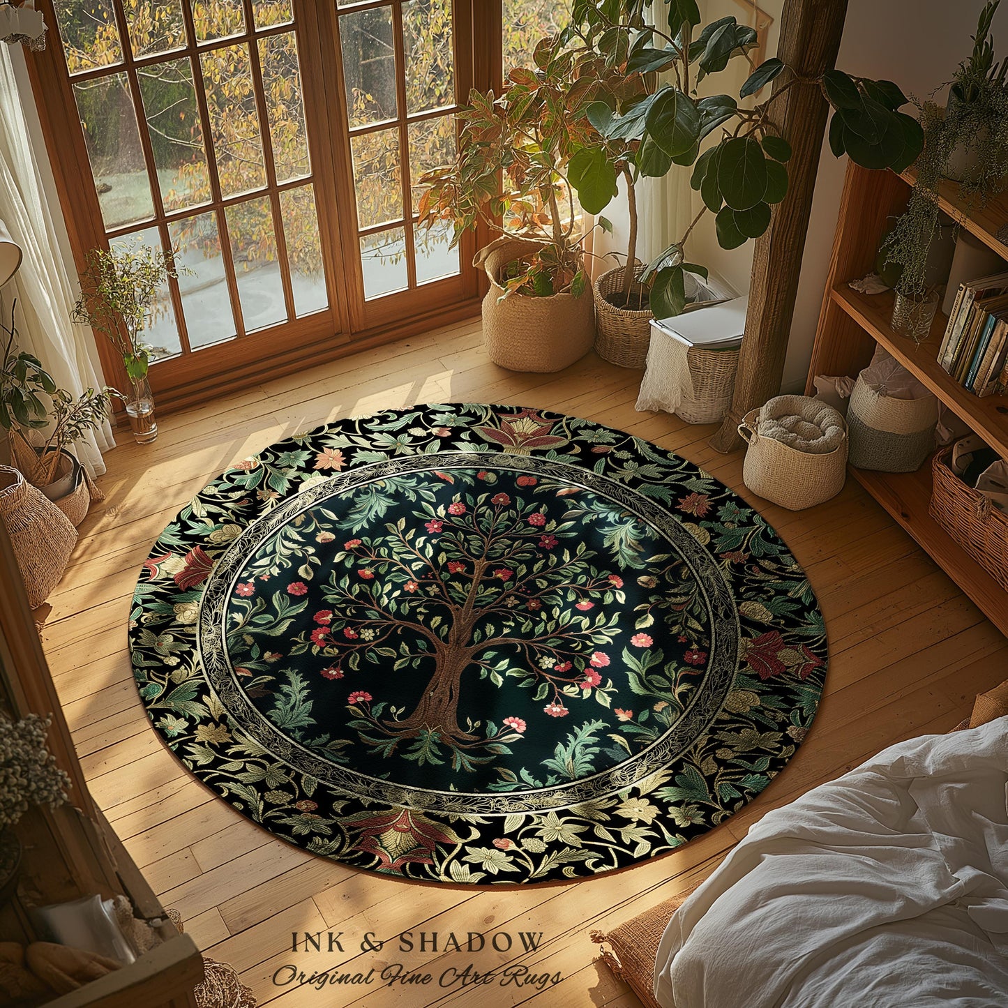 Medieval Folk Art Dark Floral Rug | Ornate Tree of Life Morris Style Fairytale Folklore Cottagecore Botanical Bedroom Decor Jewel Tones |