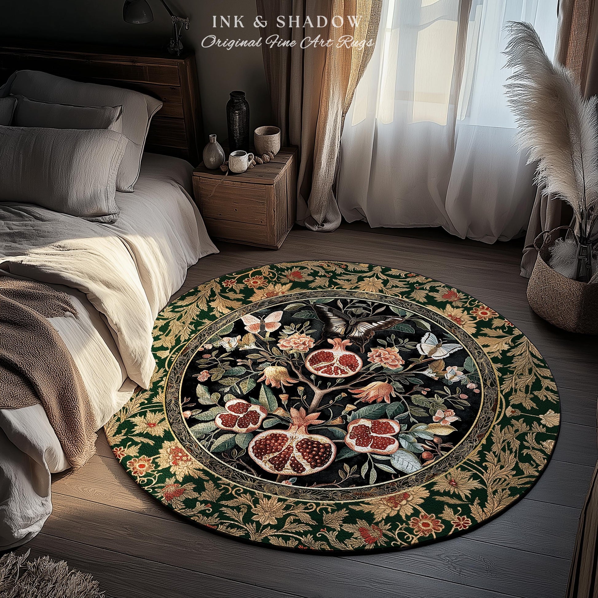 Victorian Gothic Floral Pomegranate Rug Dark Botanical Vintage Aesthetic Decor | Enchanted Forest Butterfly Moth Woodland Wildflower Art