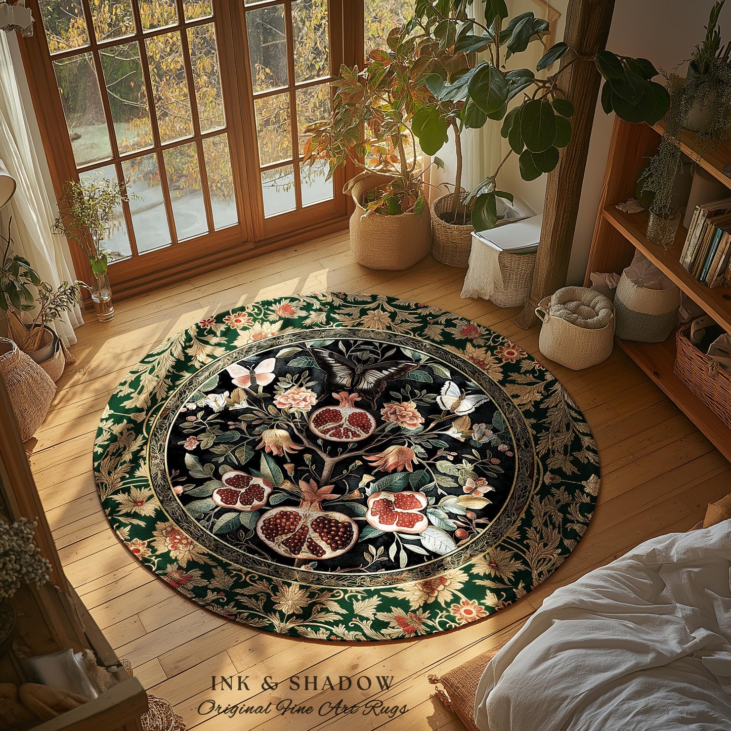 Victorian Gothic Floral Pomegranate Rug Dark Botanical Vintage Aesthetic Decor | Enchanted Forest Butterfly Moth Woodland Wildflower Art
