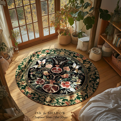 Victorian Gothic Floral Pomegranate Rug Dark Botanical Vintage Aesthetic Decor | Enchanted Forest Butterfly Moth Woodland Wildflower Art