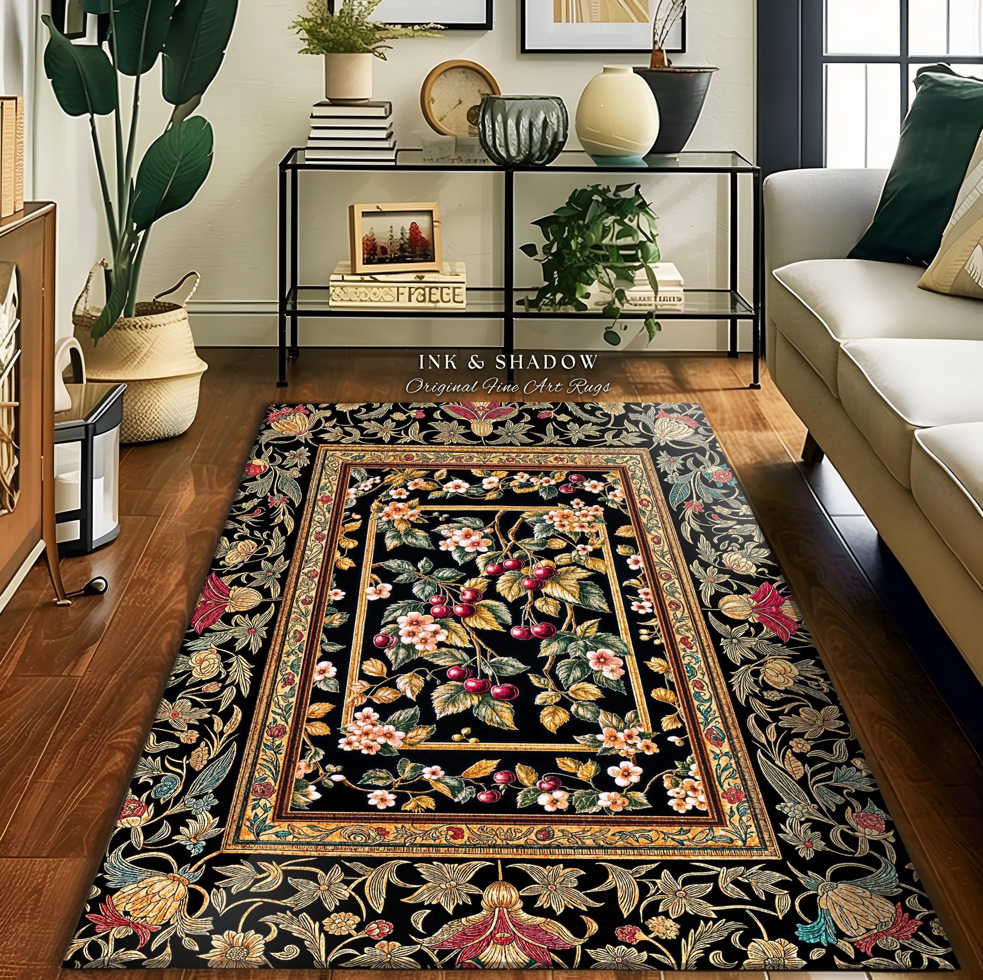 Mystic Baroque Cherry Garden Area Rug | Ornate Botanical Design Romantic Fruit Pattern Gothic Nature Style Rococo Floral Home Accent Classic