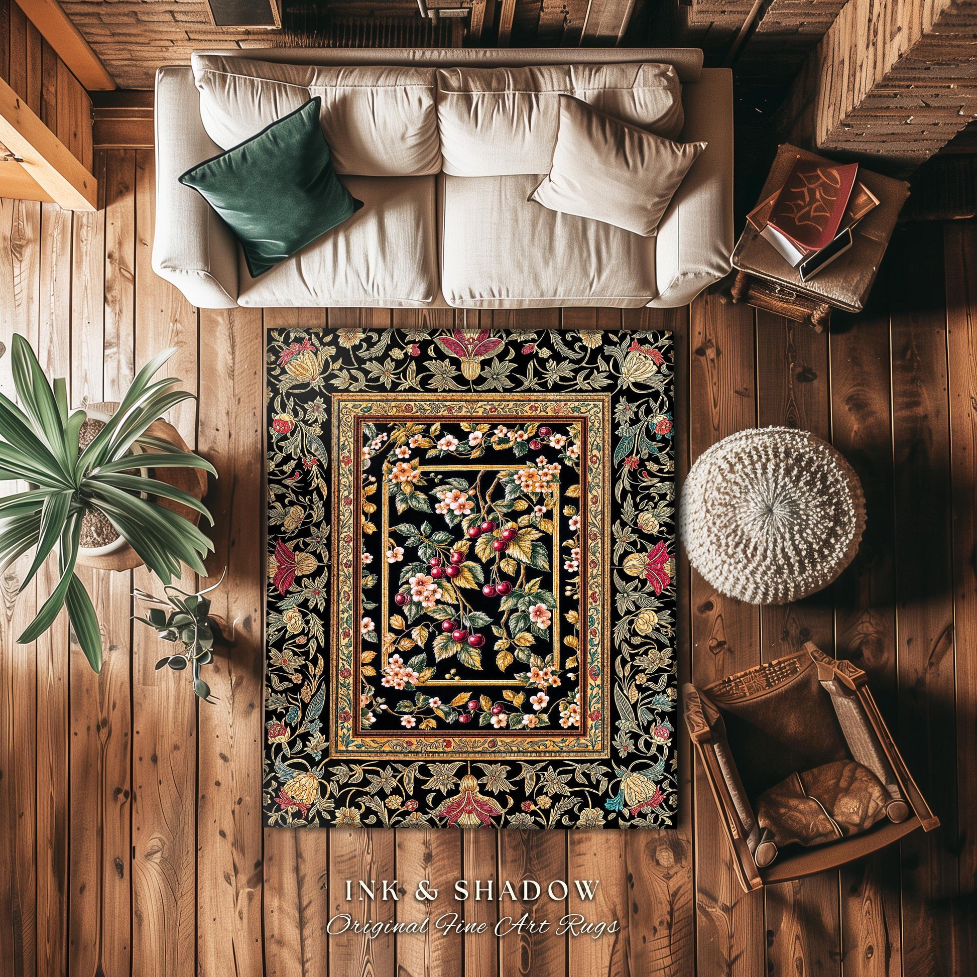 Mystic Baroque Cherry Garden Area Rug | Ornate Botanical Design Romantic Fruit Pattern Gothic Nature Style Rococo Floral Home Accent Classic