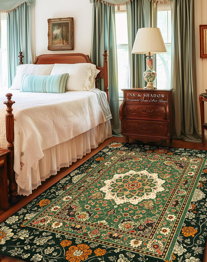 Aesthetic Sage Green Gothic Area Rug | Baroque Ornate Maximalist Design Antique Romance Art Nouveau Pattern Jade Green Victorian Influence