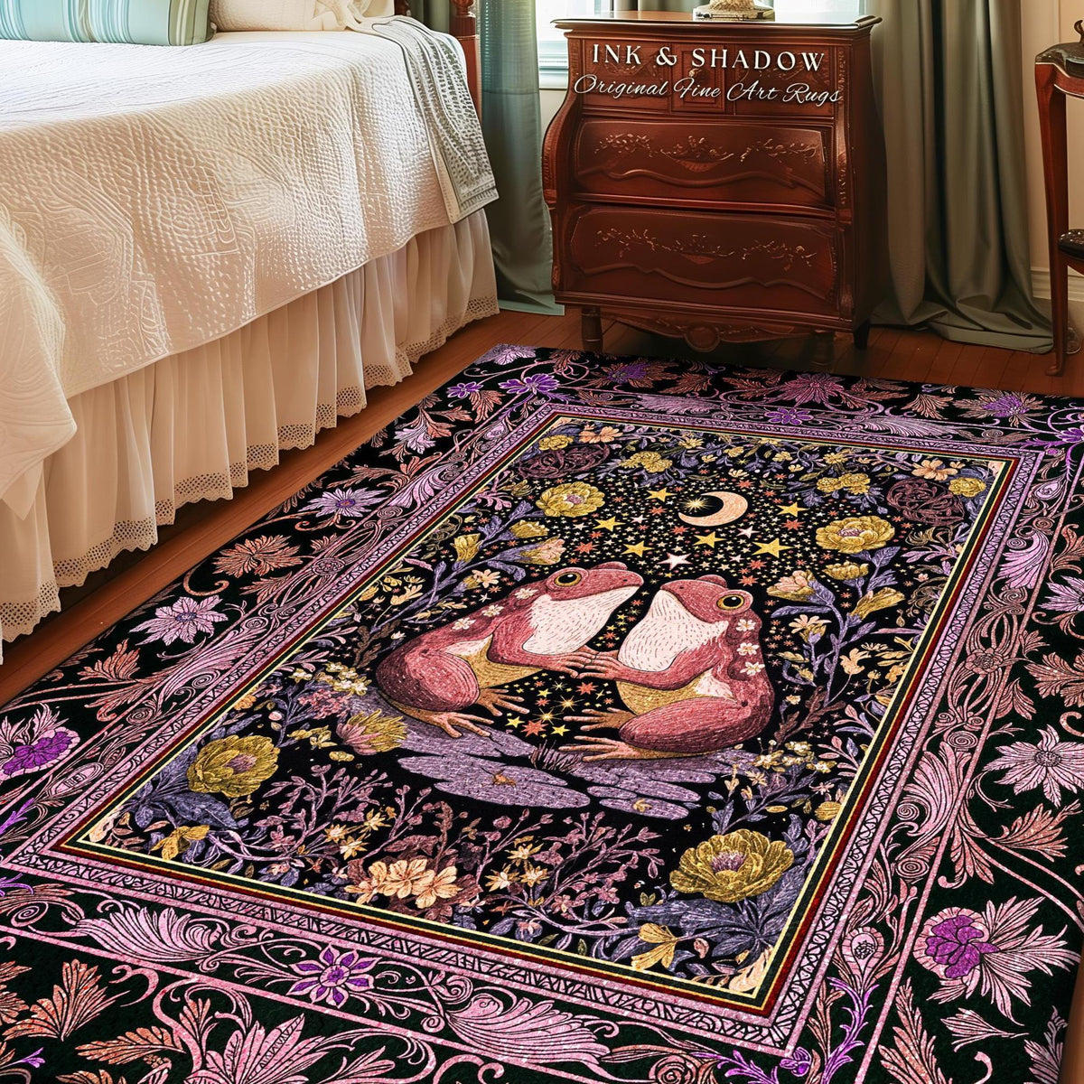 Pastel Goblincore Frog Couple Rug | Cottagecore Area Decor Whimsigothic Style Enchanted Forest Fairycore Bedroom Dark Botanical Whimsy Boho