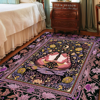 Pastel Goblincore Frog Couple Rug | Cottagecore Area Decor Whimsigothic Style Enchanted Forest Fairycore Bedroom Dark Botanical Whimsy Boho