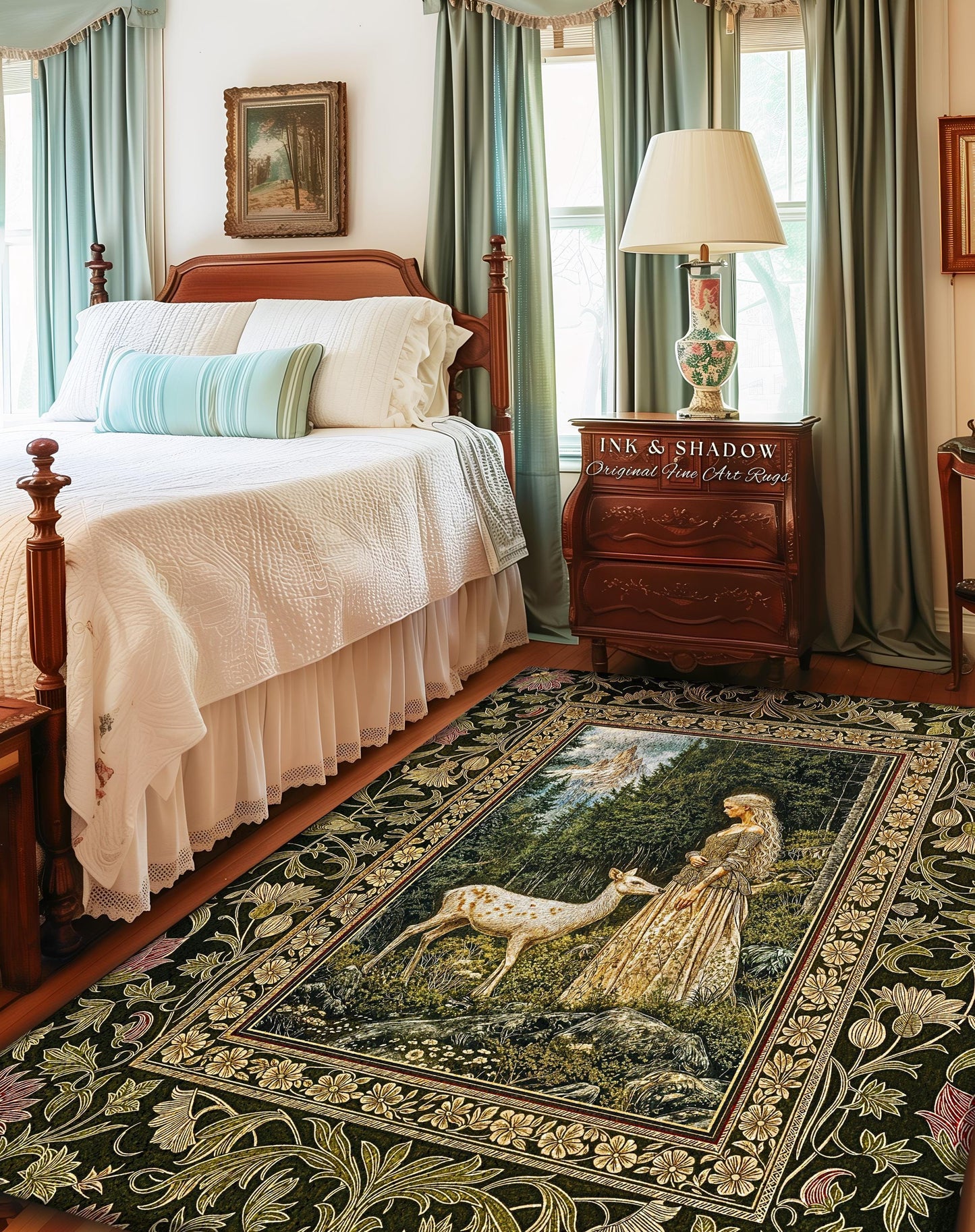 Whimsy Woodland Goddess Rug | Elegant Fairytale Home Decor Victorian Botanical Princess Mystic Deer Forest Spirit Ethereal Bedroom Artwork