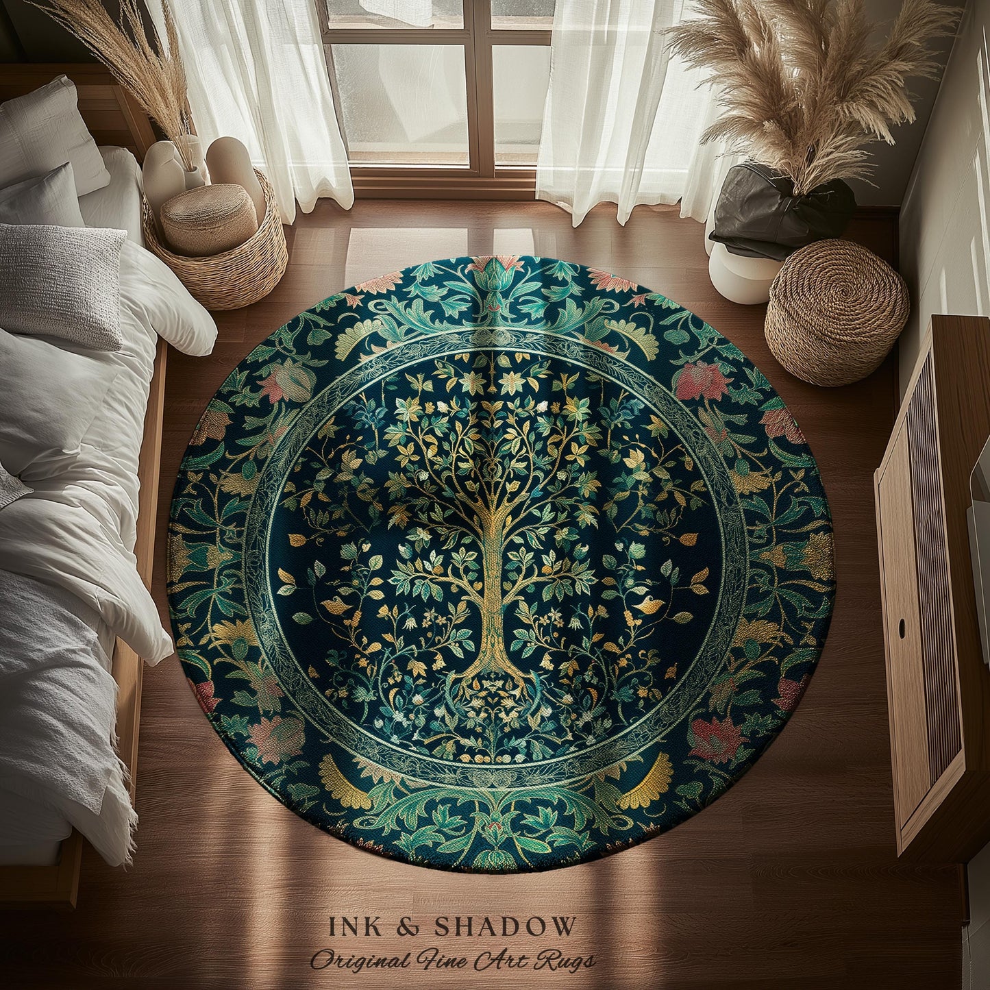 Elegant Cool Toned Tree Area Rug | Enchanted Bohemian Decor Ornate Botanical Accent Romantic Maximalist Gothic Style Living Room Carpet |