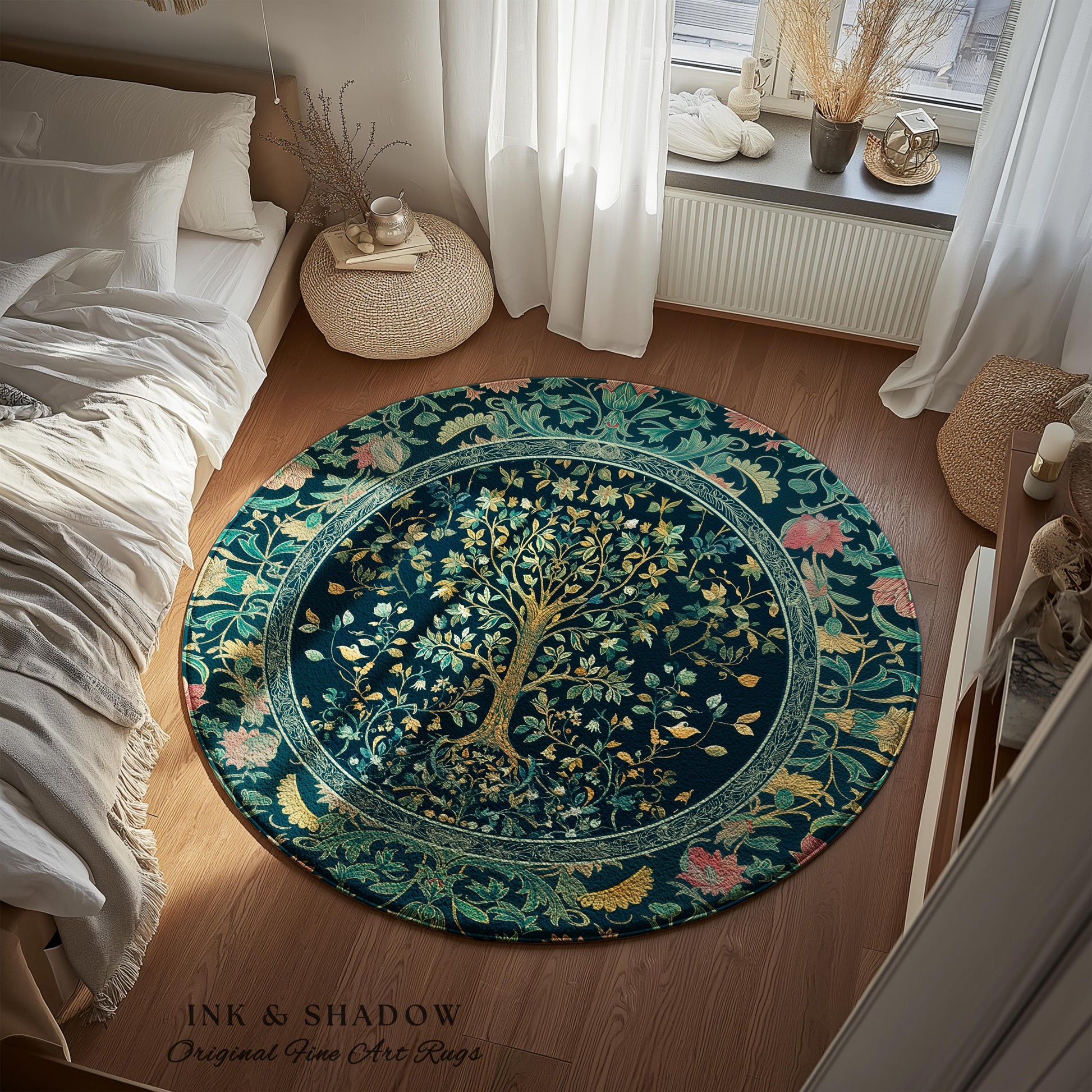 Elegant Cool Toned Tree Area Rug | Enchanted Bohemian Decor Ornate Botanical Accent Romantic Maximalist Gothic Style Living Room Carpet |