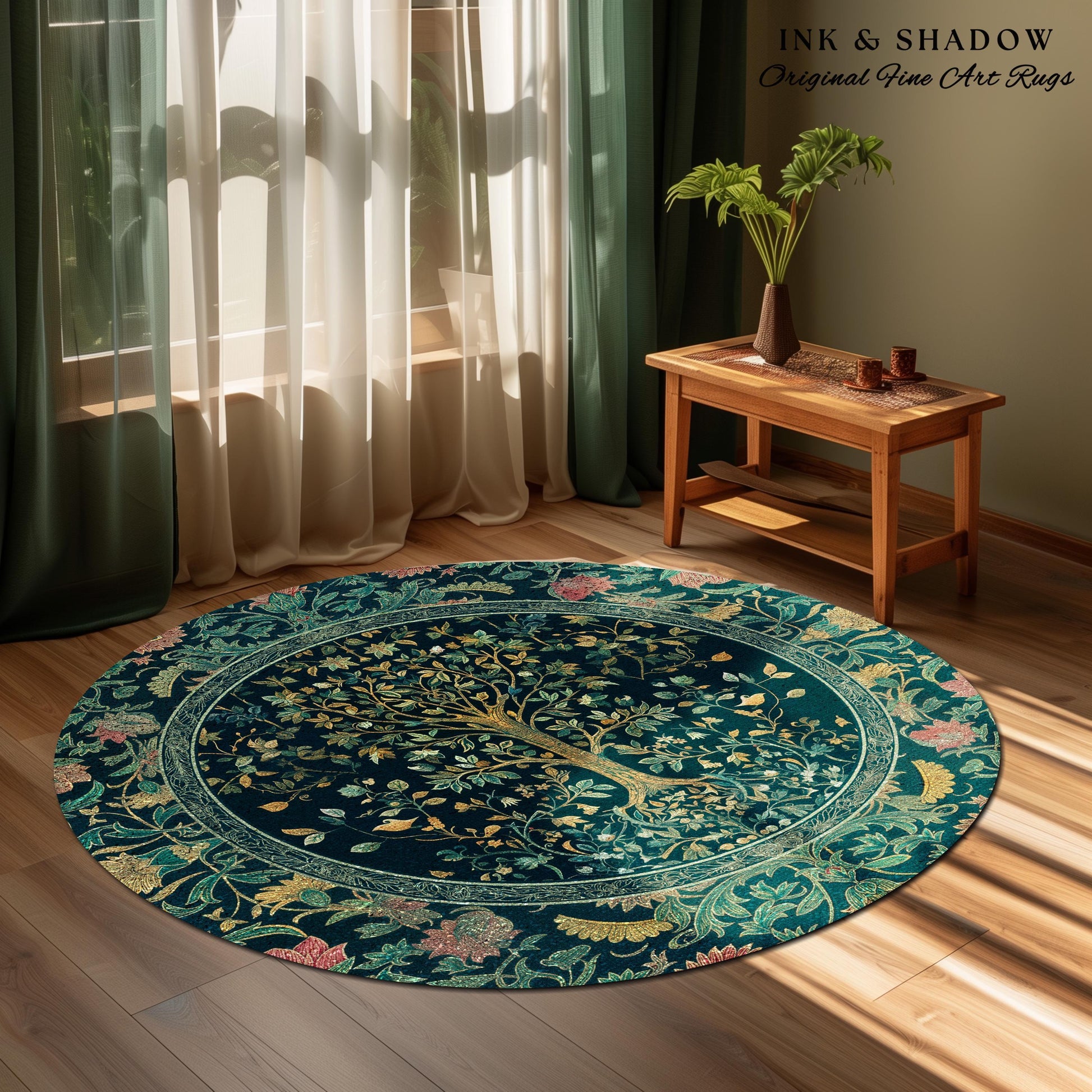 Elegant Cool Toned Tree Area Rug | Enchanted Bohemian Decor Ornate Botanical Accent Romantic Maximalist Gothic Style Living Room Carpet |