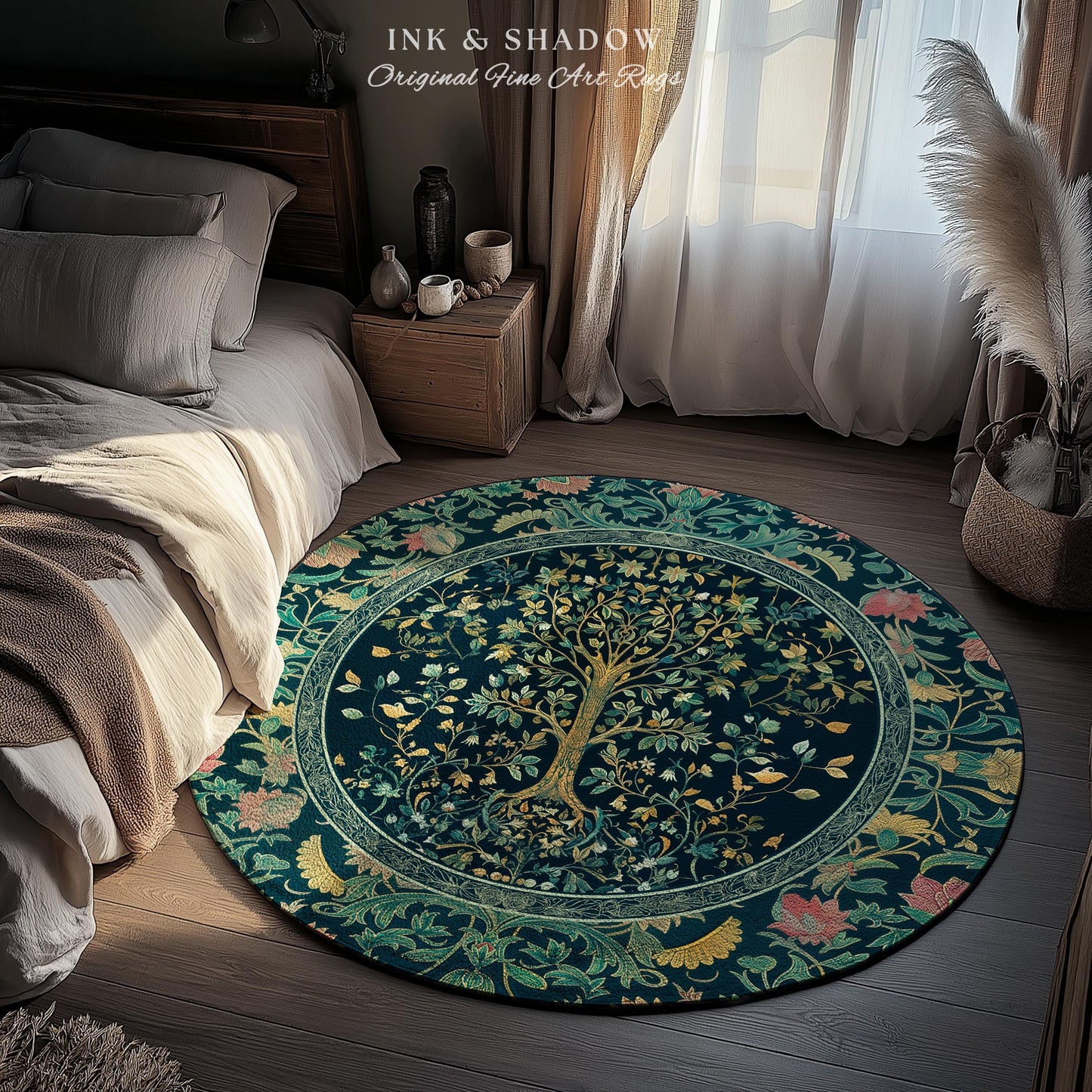 Elegant Cool Toned Tree Area Rug | Enchanted Bohemian Decor Ornate Botanical Accent Romantic Maximalist Gothic Style Living Room Carpet |