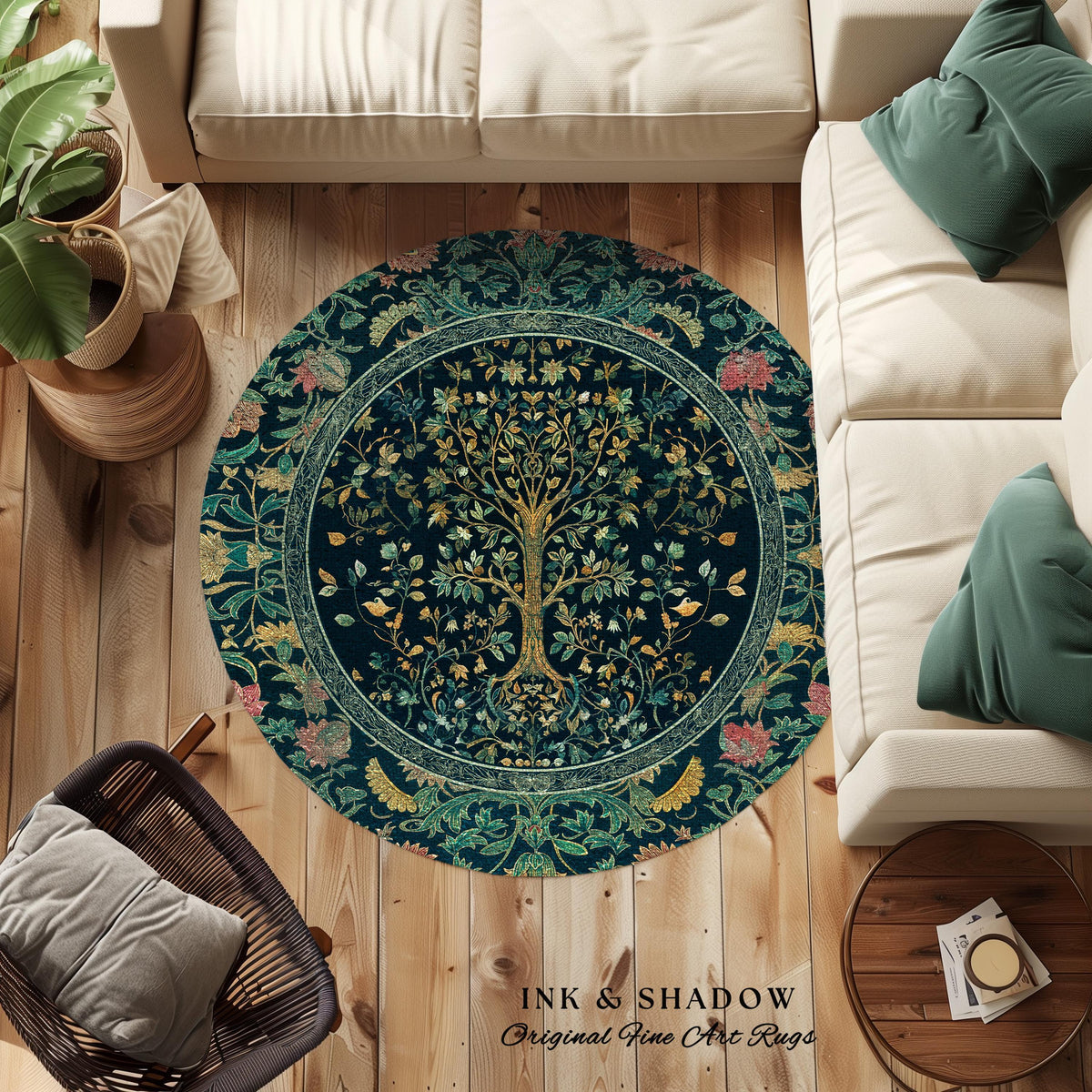 Elegant Cool Toned Tree Area Rug | Enchanted Bohemian Decor Ornate Botanical Accent Romantic Maximalist Gothic Style Living Room Carpet |