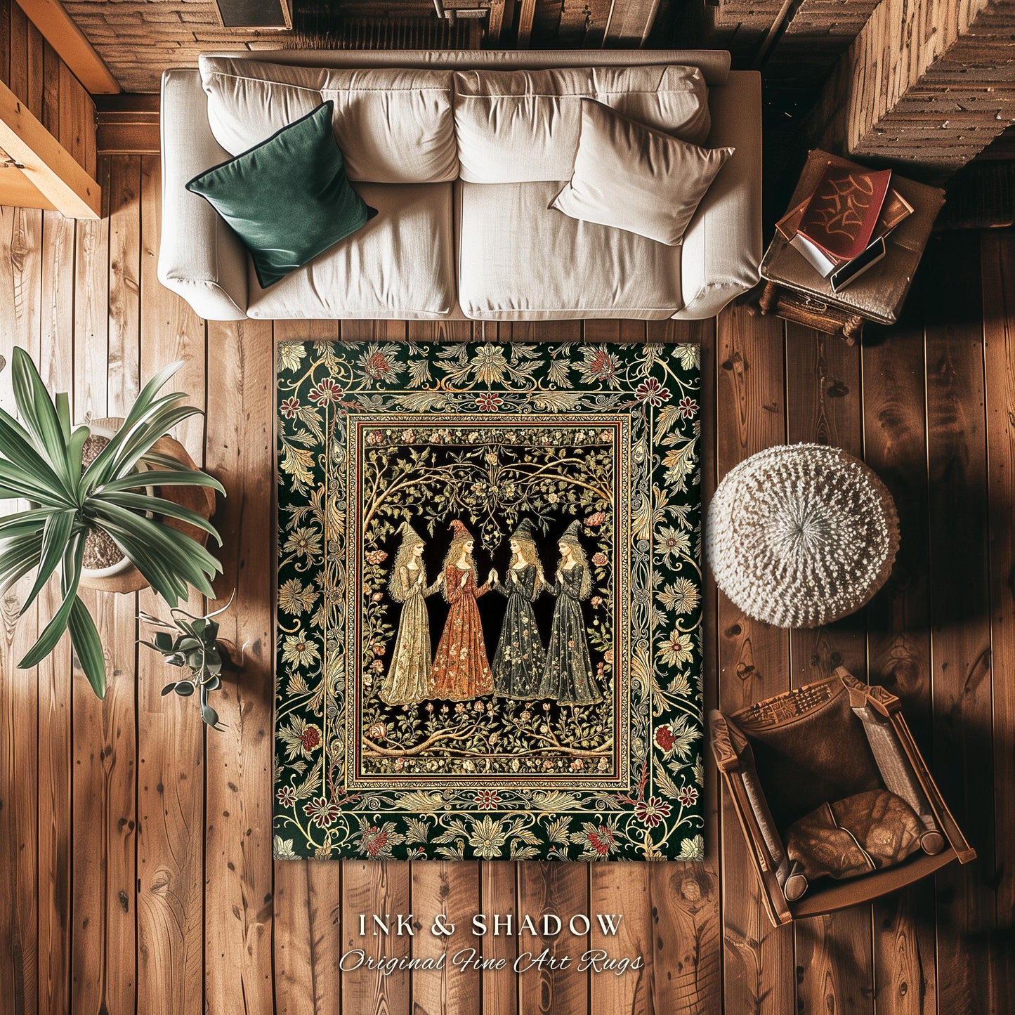 Mystical Sisterhood Floral Accent Rug | Witchy Aesthetic Baroque Forest Whimsigoth Fantasy Ethereal Whimsical Bedroom Rug Dark Academia Art