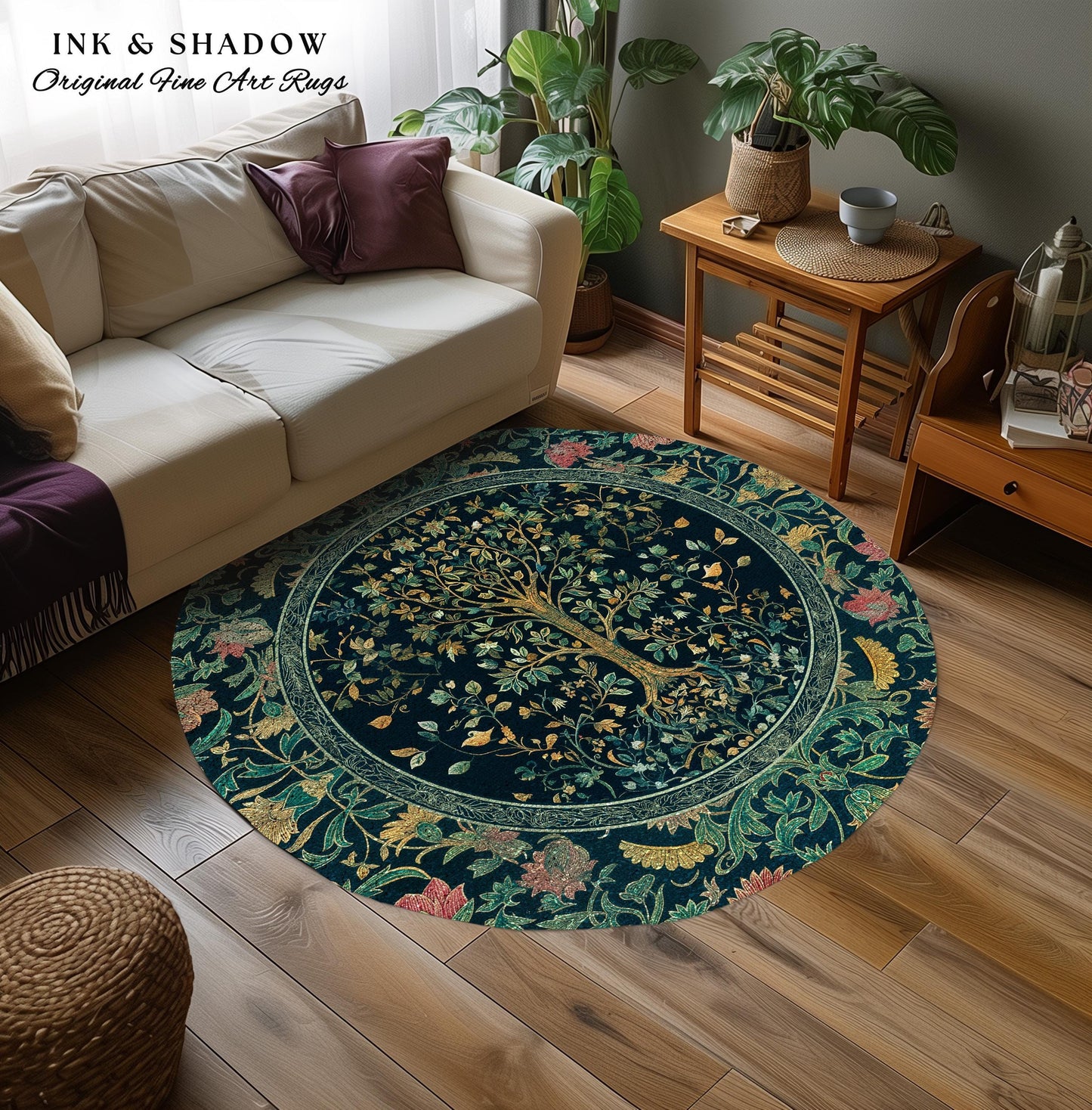 Elegant Cool Toned Tree Area Rug | Enchanted Bohemian Decor Ornate Botanical Accent Romantic Maximalist Gothic Style Living Room Carpet |