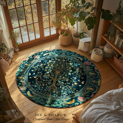 Elegant Cool Toned Tree Area Rug | Enchanted Bohemian Decor Ornate Botanical Accent Romantic Maximalist Gothic Style Living Room Carpet |