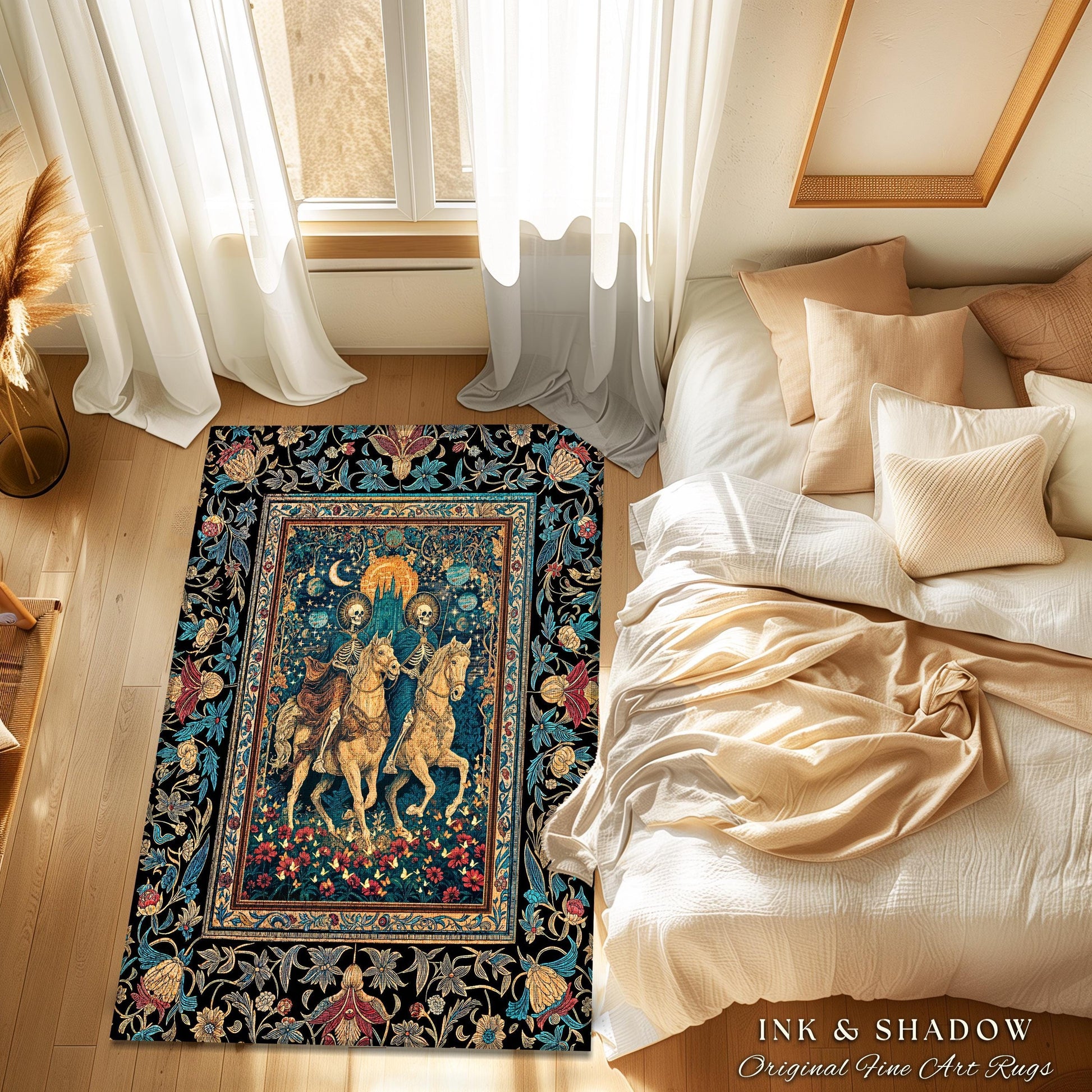 Golden Starlight Skeleton Accent Rug | Baroque Gothic Garden Castle Scene Celestial Horsemen Dreamy Floral Fantasy Macabre Couple Home Decor