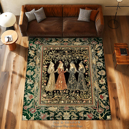 Mystical Sisterhood Floral Accent Rug | Witchy Aesthetic Baroque Forest Whimsigoth Fantasy Ethereal Whimsical Bedroom Rug Dark Academia Art