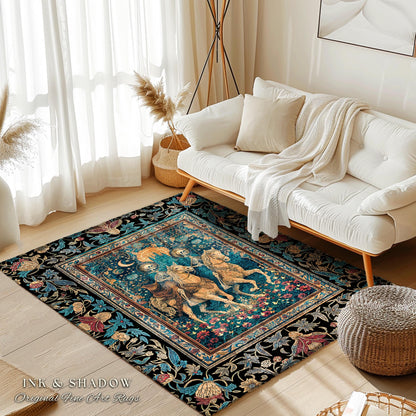Golden Starlight Skeleton Accent Rug | Baroque Gothic Garden Castle Scene Celestial Horsemen Dreamy Floral Fantasy Macabre Couple Home Decor