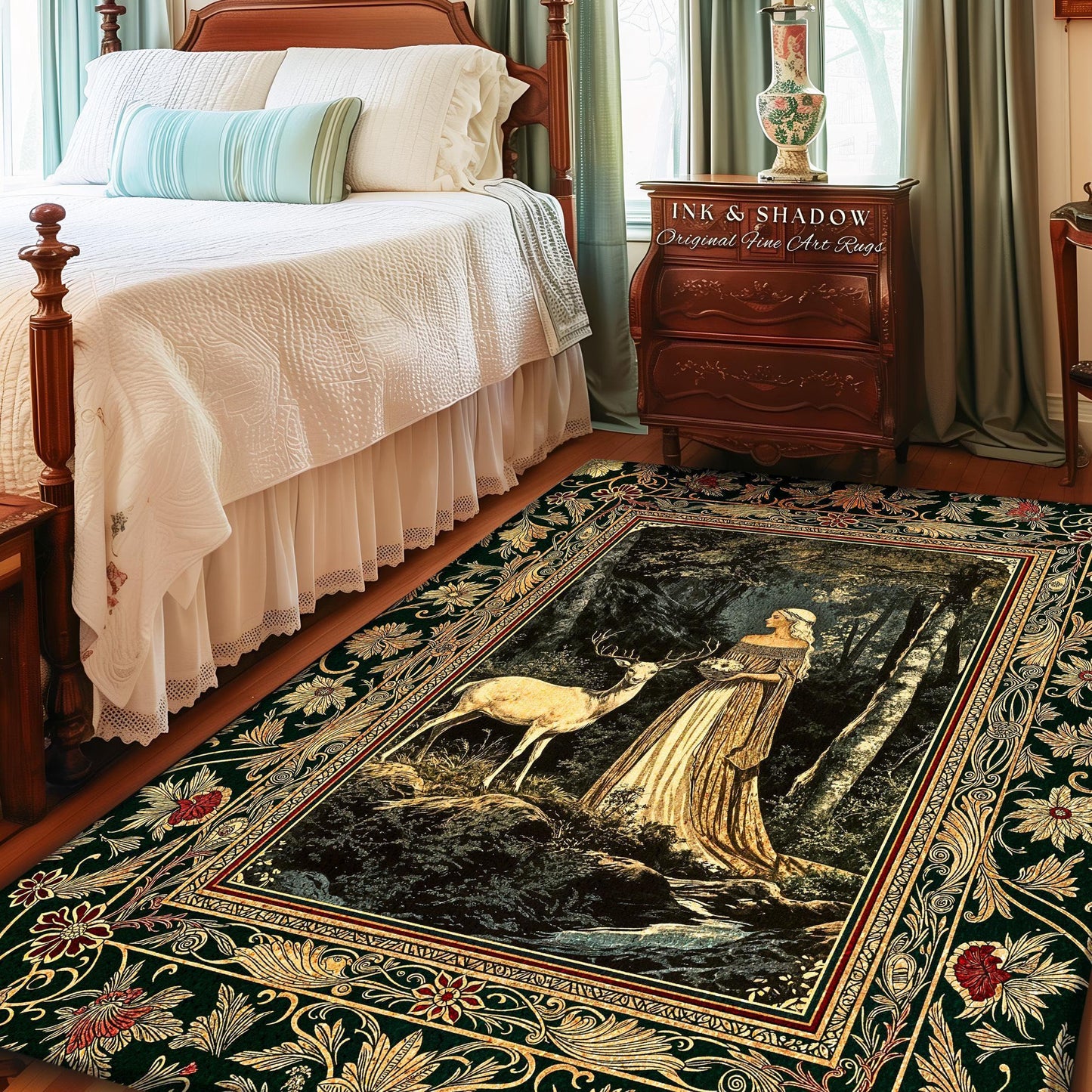 Nature Spirits Ethereal Accent Rug | Royal Medieval Folklore inspired Woodland Landscape Area Rug Fantasy Bedroom Dark Forest Deer Mystic |