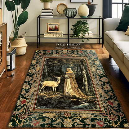 Nature Spirits Ethereal Accent Rug | Royal Medieval Folklore inspired Woodland Landscape Area Rug Fantasy Bedroom Dark Forest Deer Mystic |