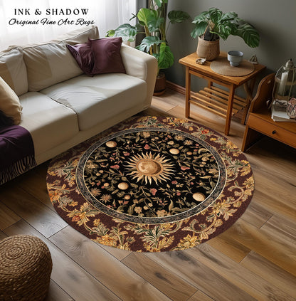 Dark Skies Celestial Area Rug | Enchanted Celestial Witchy Astrology Boho Maximalist Decor Sun and Moon Tarot Inspired Gothic Home Accent