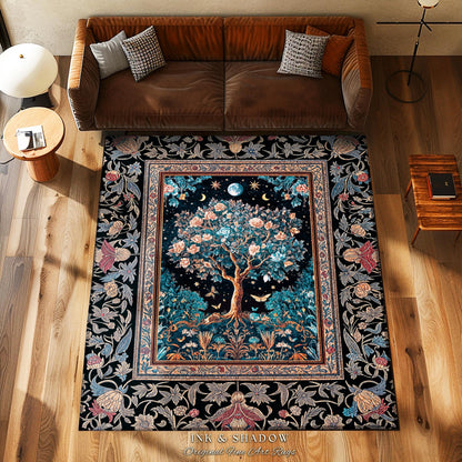Enchanted Moonlit Tree of Life Area Rug | Romantic Forest Aesthetic Home Decor Vintage Boho Style Housewarming Gift Cozy Bedroom Floor Mat