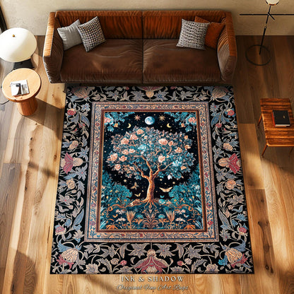 Enchanted Moonlit Tree of Life Area Rug | Romantic Forest Aesthetic Home Decor Vintage Boho Style Housewarming Gift Cozy Bedroom Floor Mat