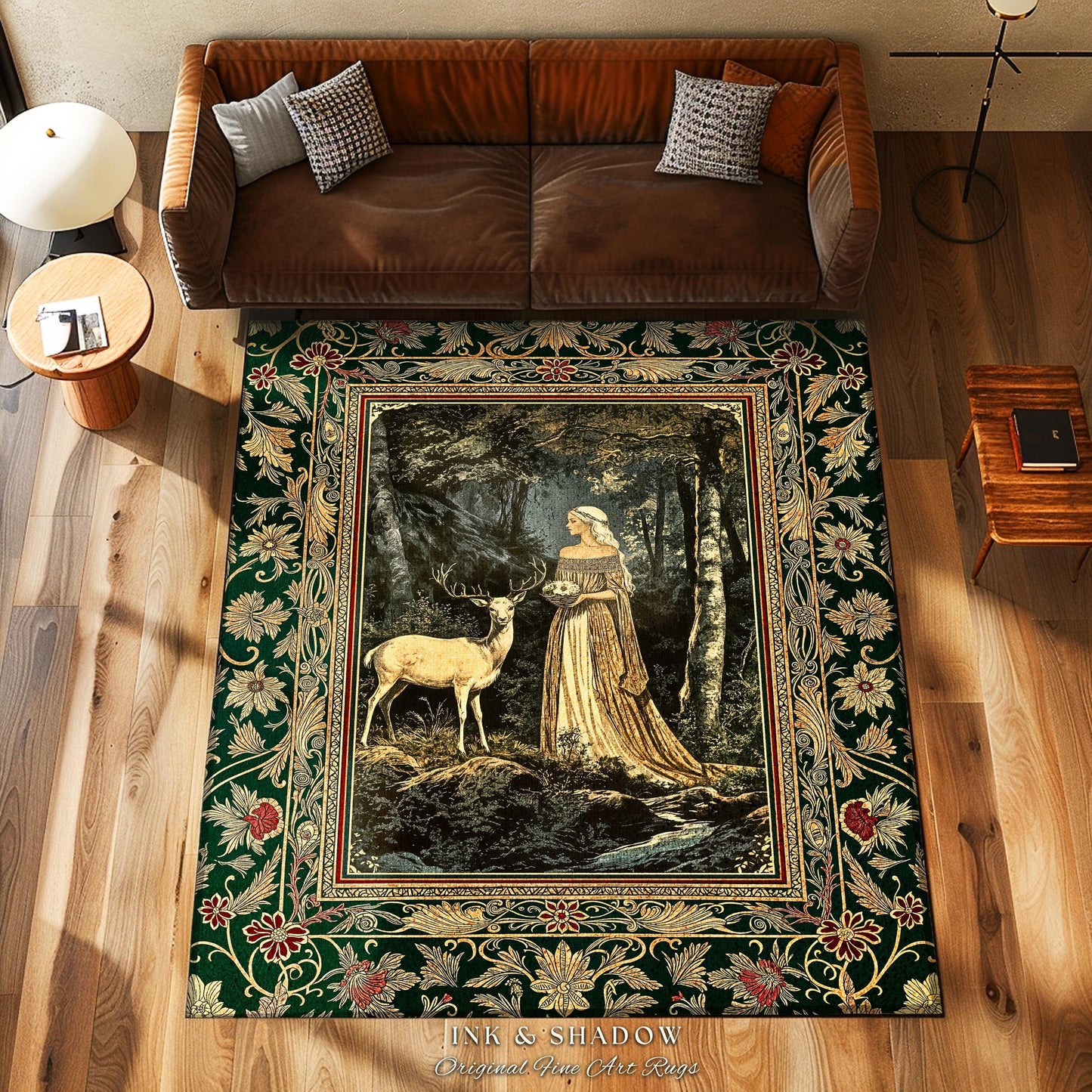 Nature Spirits Ethereal Accent Rug | Royal Medieval Folklore inspired Woodland Landscape Area Rug Fantasy Bedroom Dark Forest Deer Mystic |