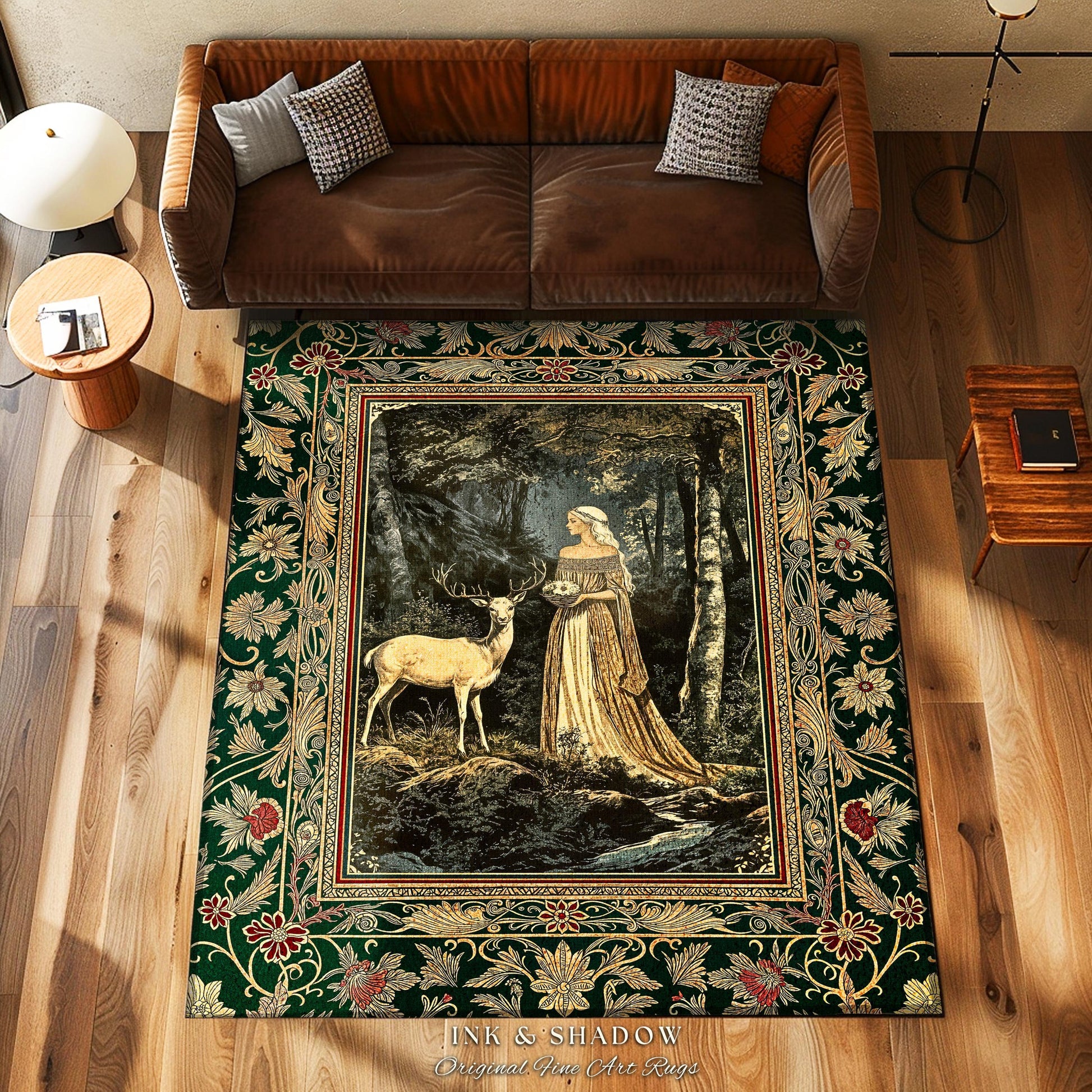 Nature Spirits Ethereal Accent Rug | Royal Medieval Folklore inspired Woodland Landscape Area Rug Fantasy Bedroom Dark Forest Deer Mystic |