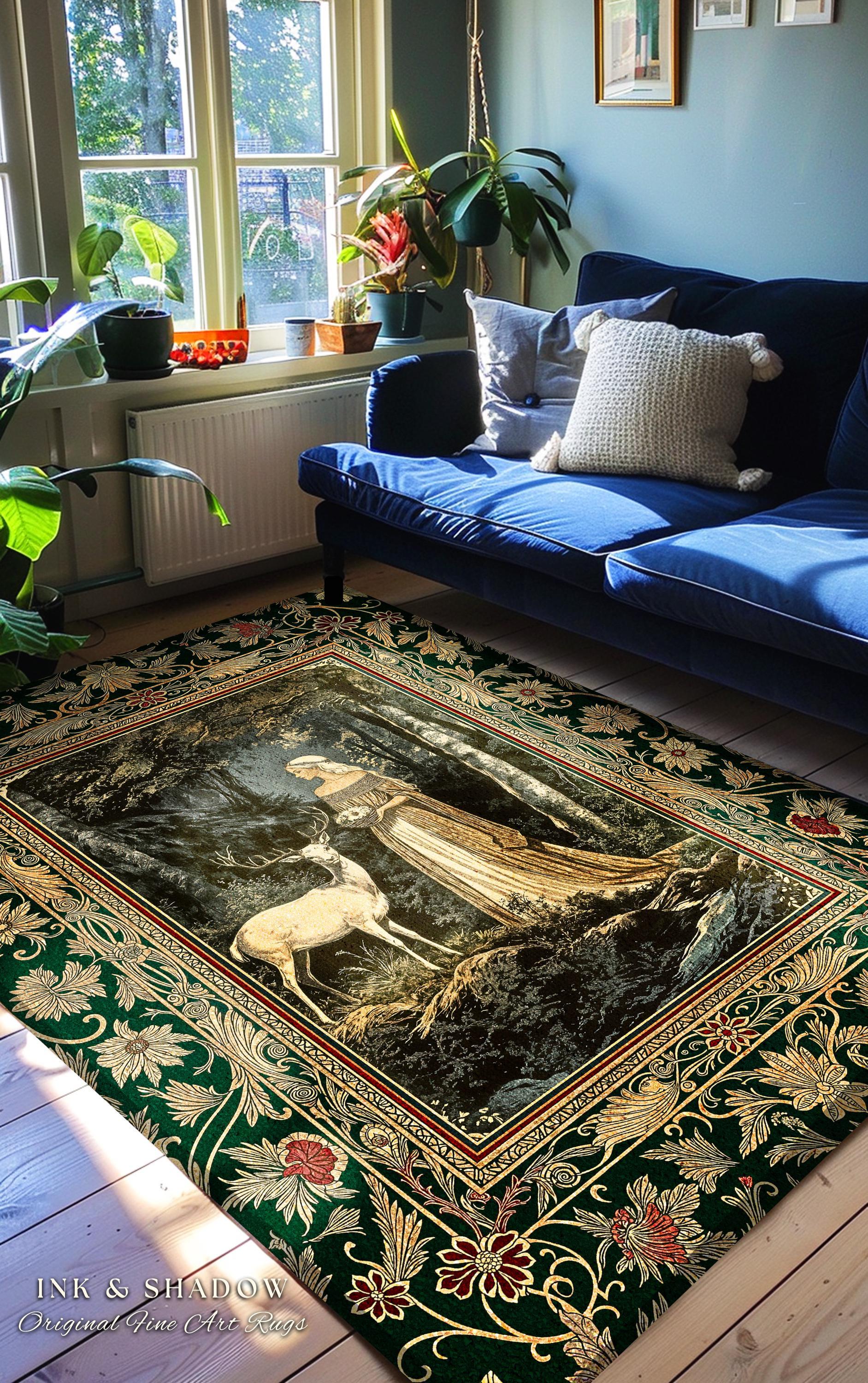 Nature Spirits Ethereal Accent Rug | Royal Medieval Folklore inspired Woodland Landscape Area Rug Fantasy Bedroom Dark Forest Deer Mystic |