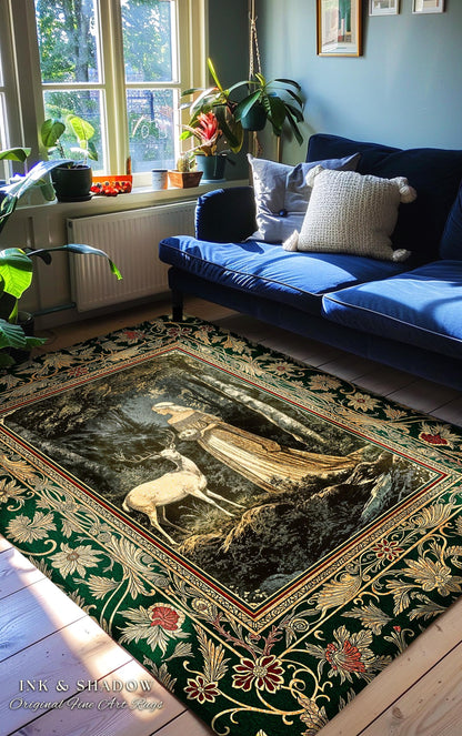 Nature Spirits Ethereal Accent Rug | Royal Medieval Folklore inspired Woodland Landscape Area Rug Fantasy Bedroom Dark Forest Deer Mystic |