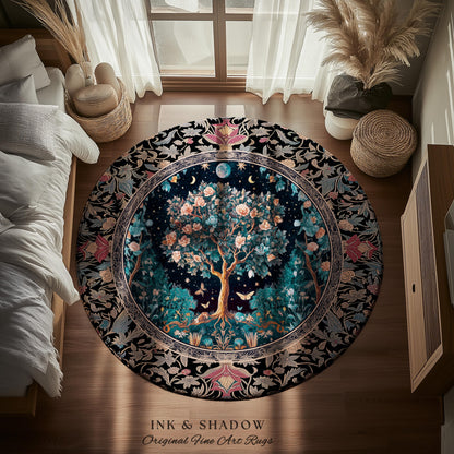 Enchanted Moonlit Tree of Life Area Rug | Romantic Forest Aesthetic Home Decor Vintage Boho Style Housewarming Gift Cozy Bedroom Floor Mat