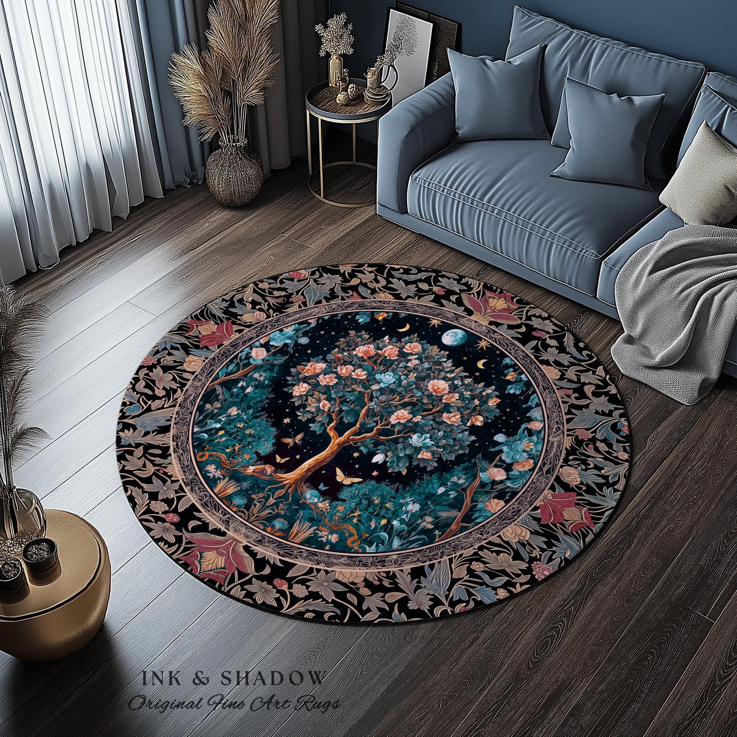 Enchanted Moonlit Tree of Life Area Rug | Romantic Forest Aesthetic Home Decor Vintage Boho Style Housewarming Gift Cozy Bedroom Floor Mat