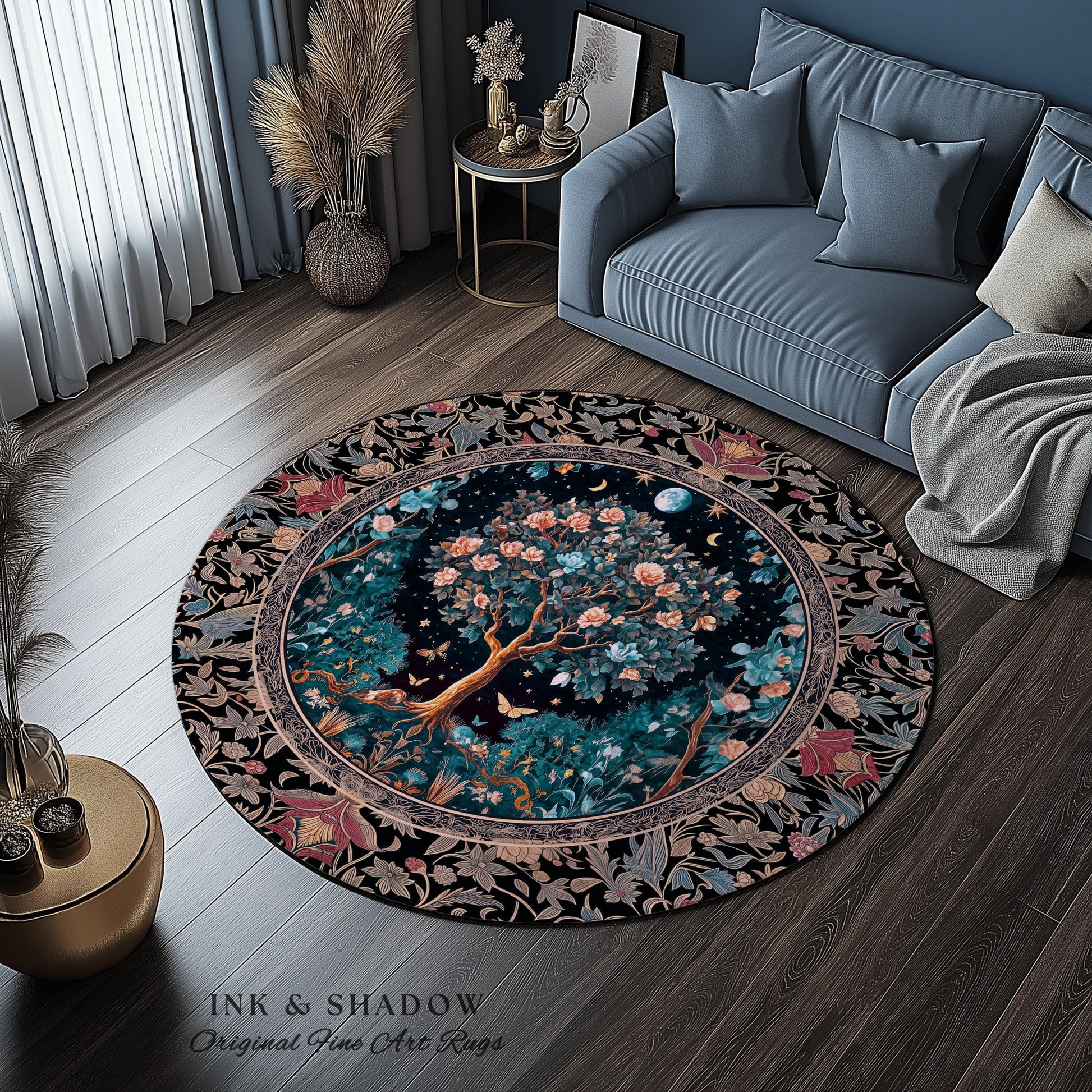 Enchanted Moonlit Tree of Life Area Rug | Romantic Forest Aesthetic Home Decor Vintage Boho Style Housewarming Gift Cozy Bedroom Floor Mat