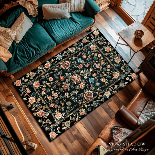 Dark Cottagecore Floral Accent Rug | Maximalist Aesthetic Danish Pastel Home Decor Rustic Housewarming Gift Fairycore Bedroom Whimsical |