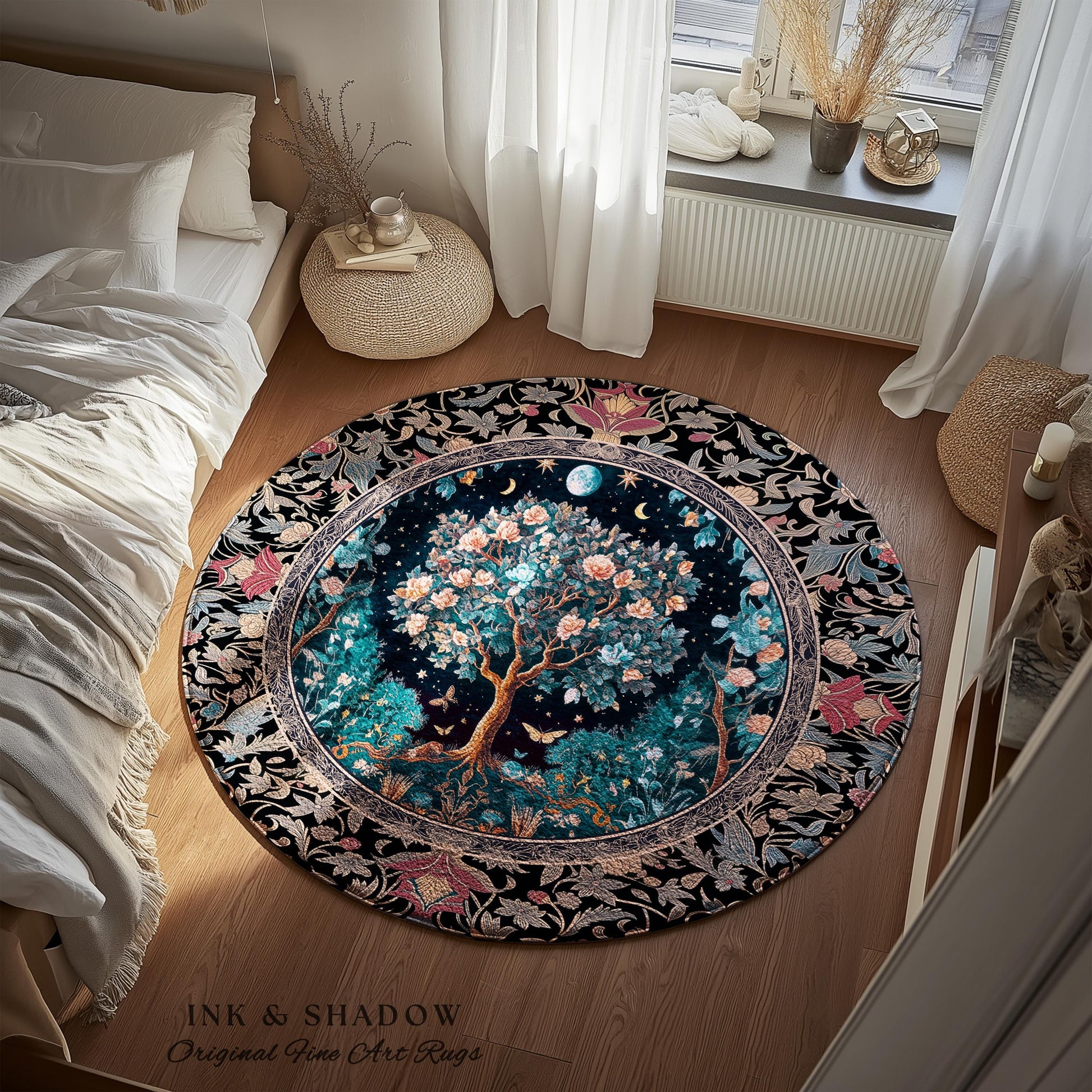 Enchanted Moonlit Tree of Life Area Rug | Romantic Forest Aesthetic Home Decor Vintage Boho Style Housewarming Gift Cozy Bedroom Floor Mat
