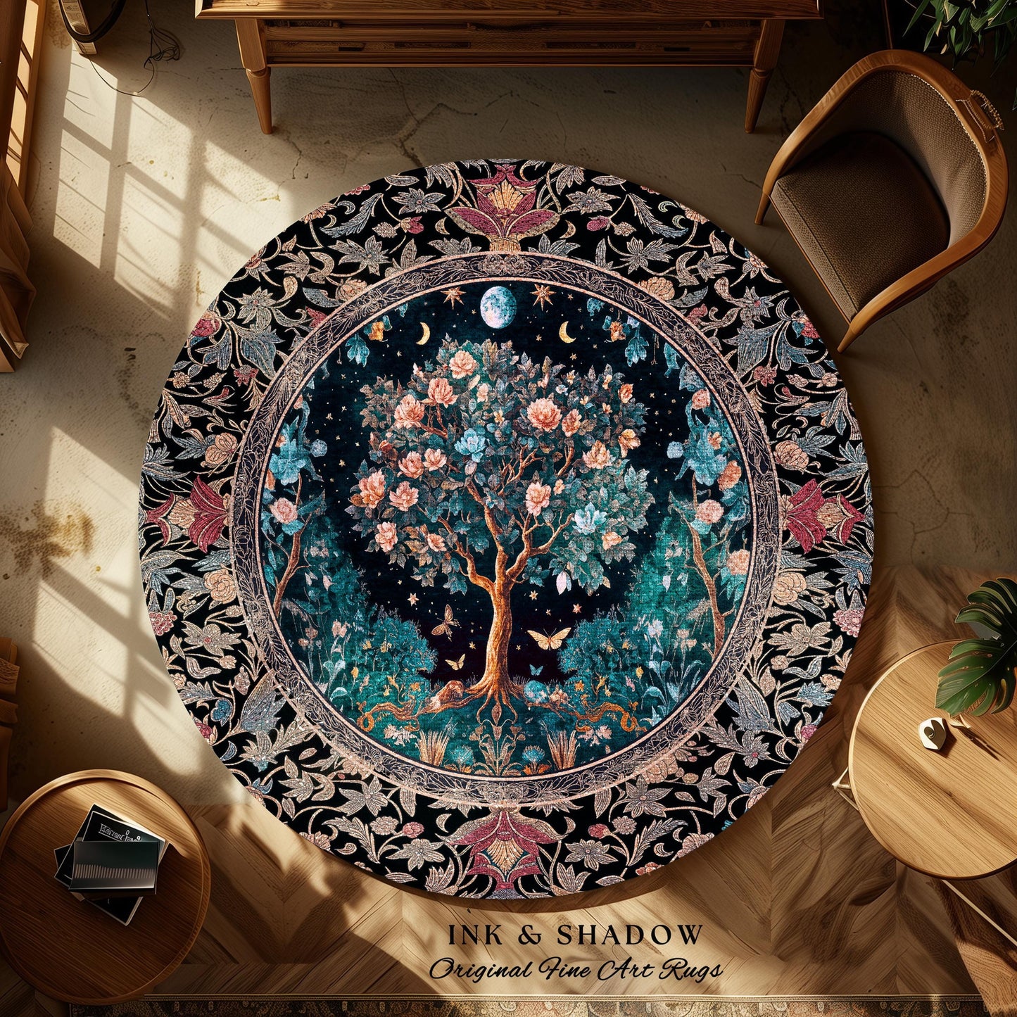 Enchanted Moonlit Tree of Life Area Rug | Romantic Forest Aesthetic Home Decor Vintage Boho Style Housewarming Gift Cozy Bedroom Floor Mat