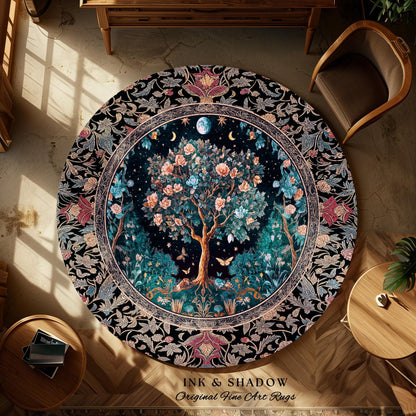 Enchanted Moonlit Tree of Life Area Rug | Romantic Forest Aesthetic Home Decor Vintage Boho Style Housewarming Gift Cozy Bedroom Floor Mat